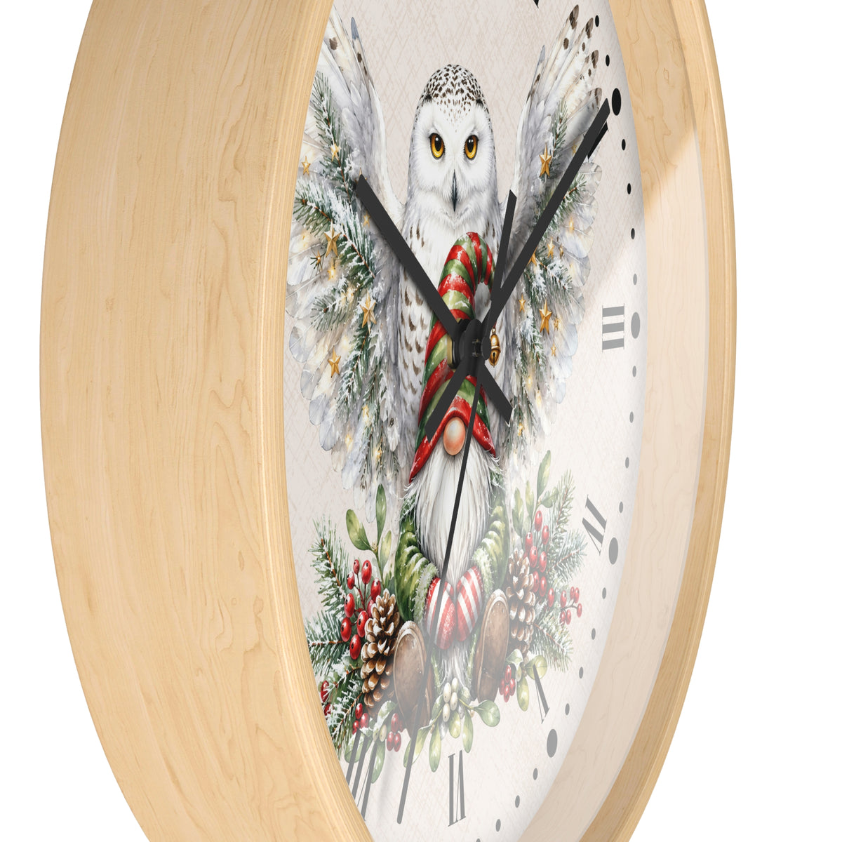 Snowy Owl & Gnome Holiday Wall Clock — Festive Winter Decor