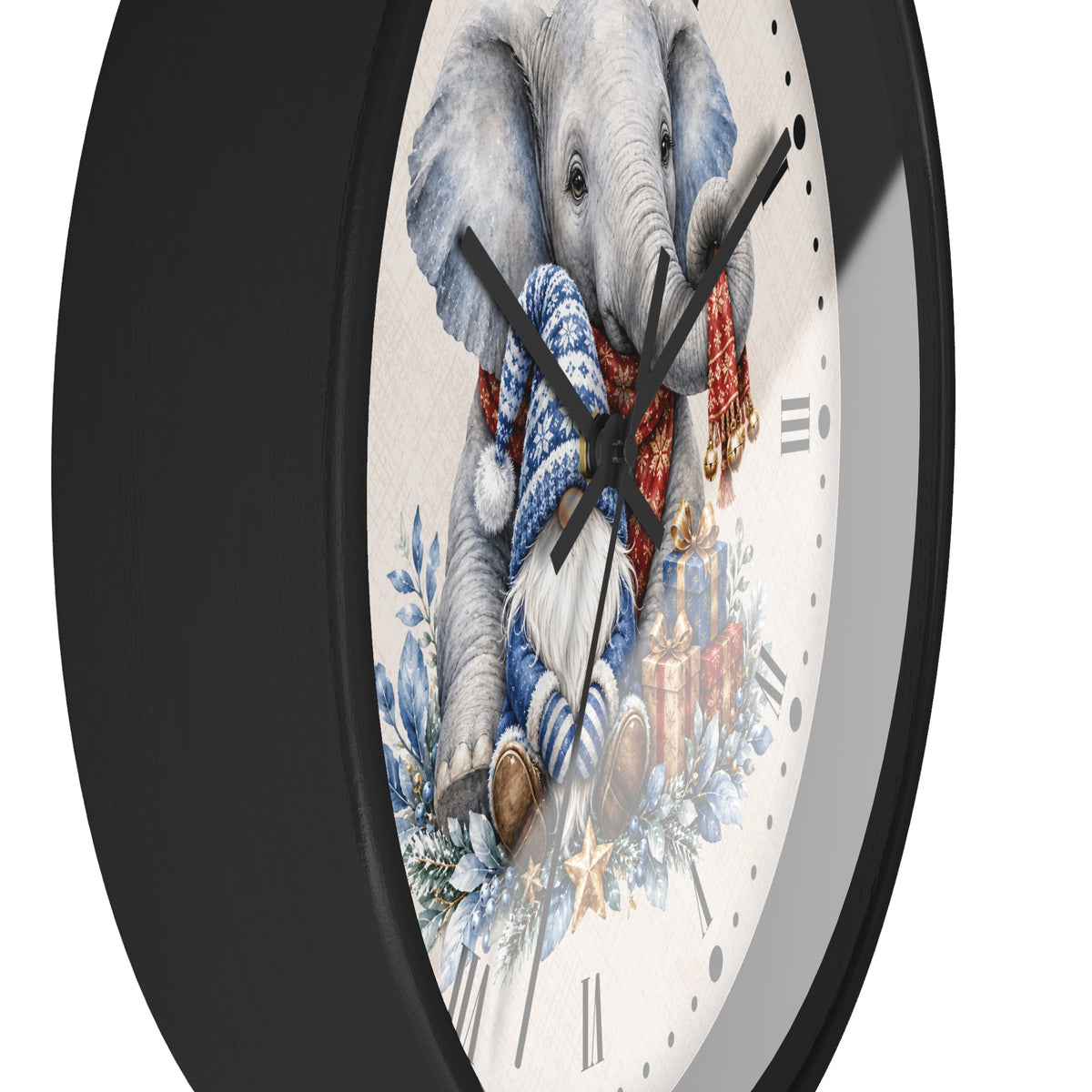 Elephant & Gnome Holiday Wall Clock —  Winter Animal Nursery Decor