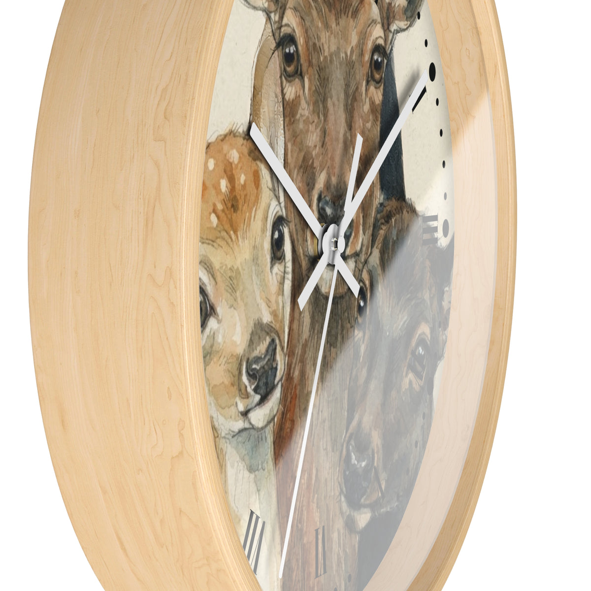 Round wall clock with a light natural wood frame and a printed face featuring three deer illustrations in soft brown, beige, and gray tones, with white clock hands.
