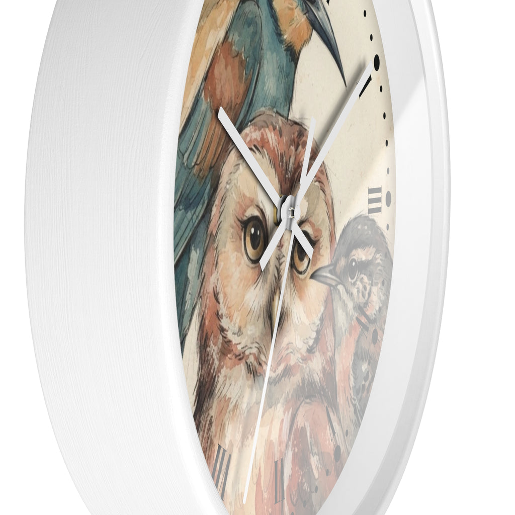 A round white wall clock featuring a detailed watercolor illustration of birds, with a large owl in the center and other birds in the background.
