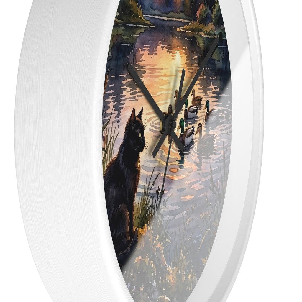 Black Cat and Ducks at Sunset Lake Wood Wall Clock