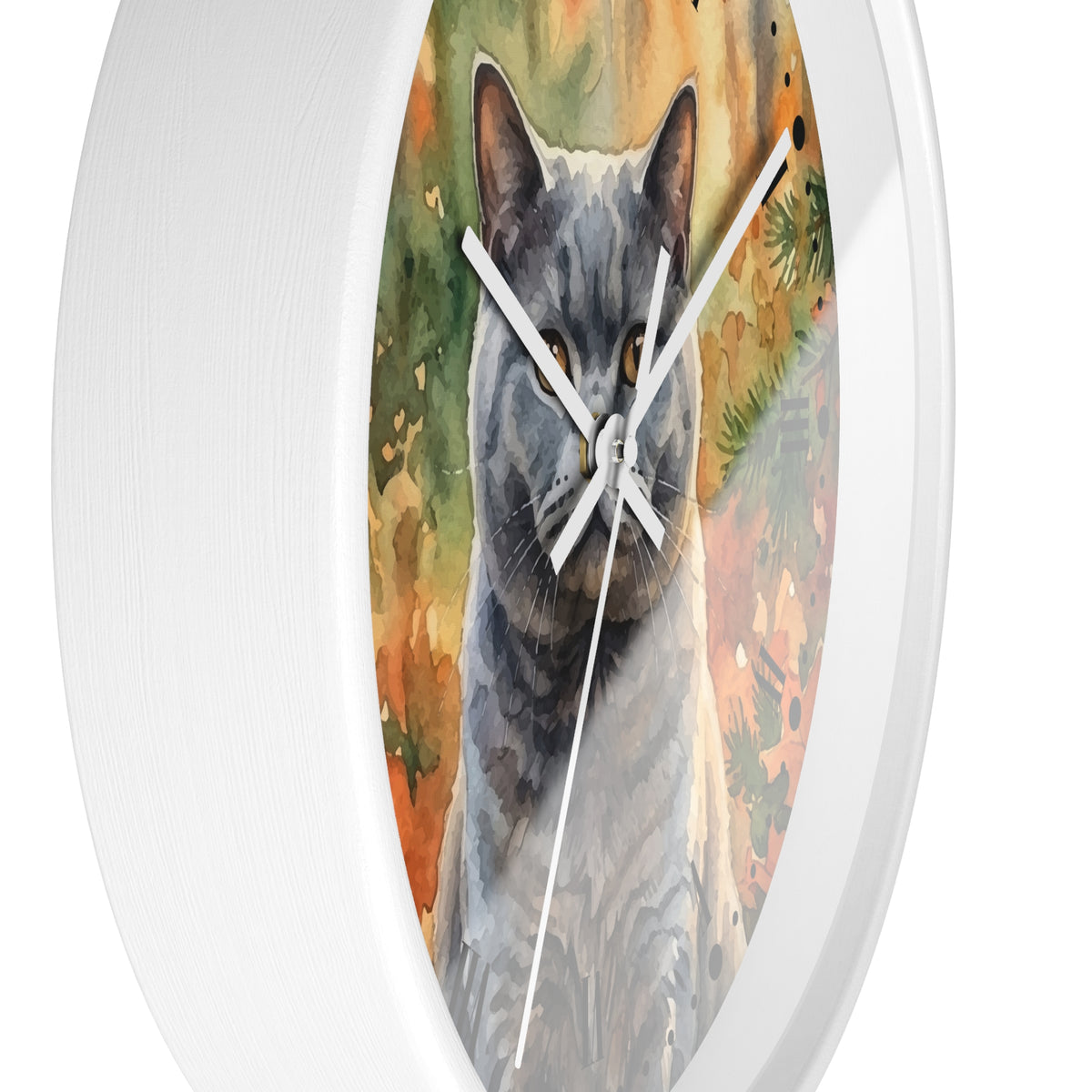 Watercolor Gray Russian Blue Cat in Autumn Pines Wood Wall Clock