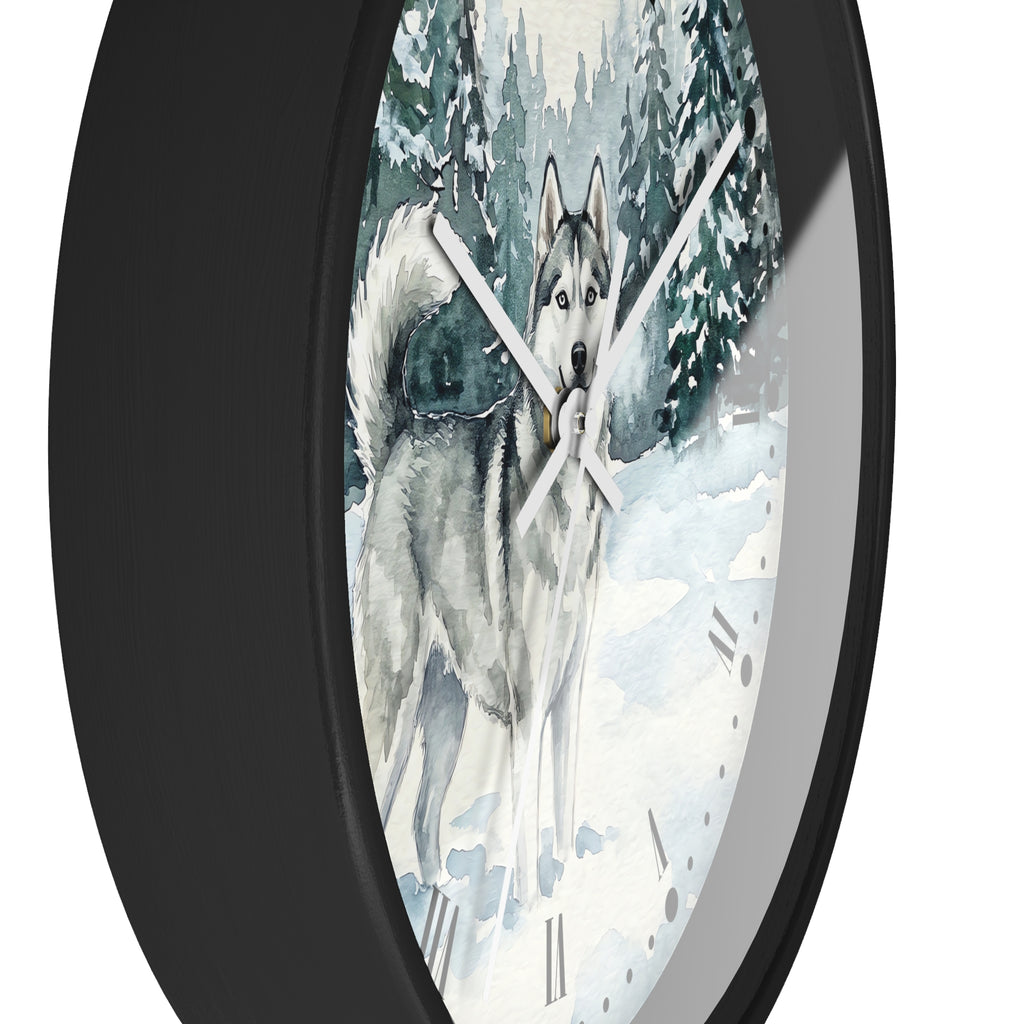 Siberian Husky Winter Wall Clock — Snowy Forest Dog Decor
