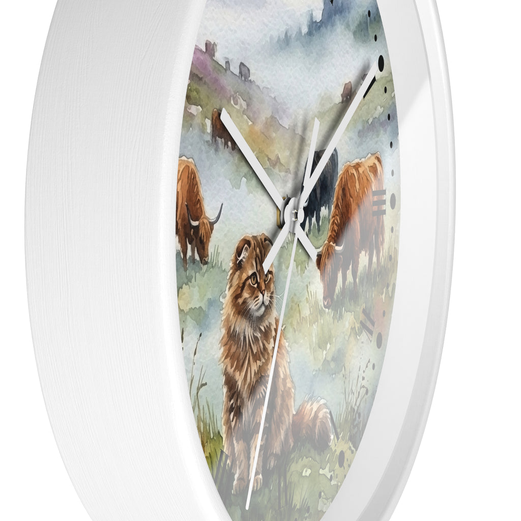 Highland Cattle and Scottish Fold Cat Watercolor Wood Wall Clock