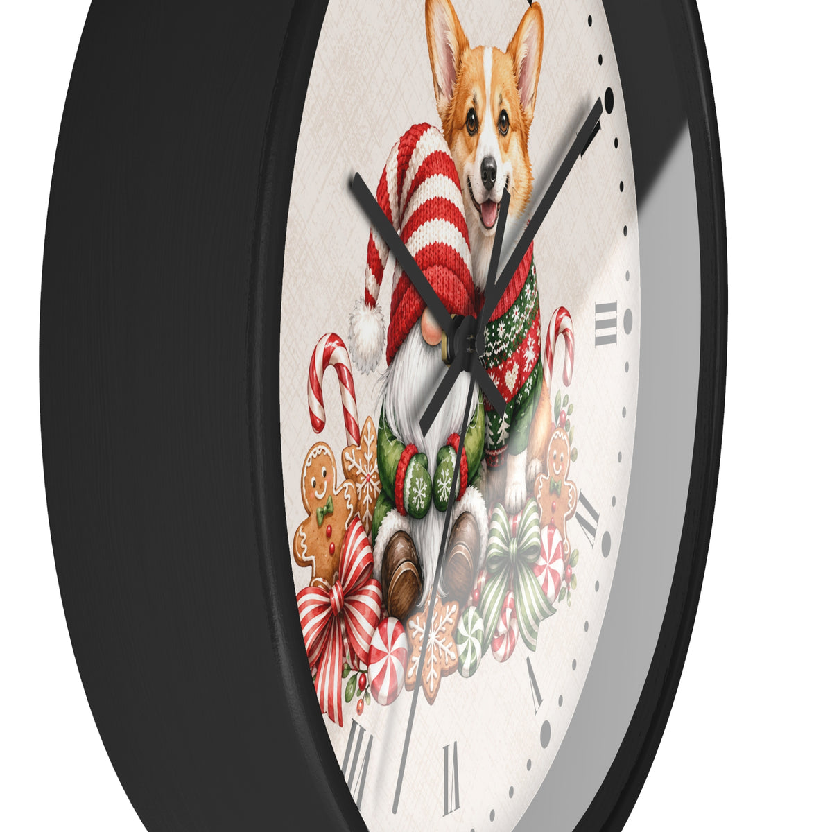 A round wall clock with a black frame and a white face featuring a corgi dog dressed in a red-and-white striped sweater and green scarf, surrounded by Christmas illustrations including candy canes, gingerbread cookies, and bows.
