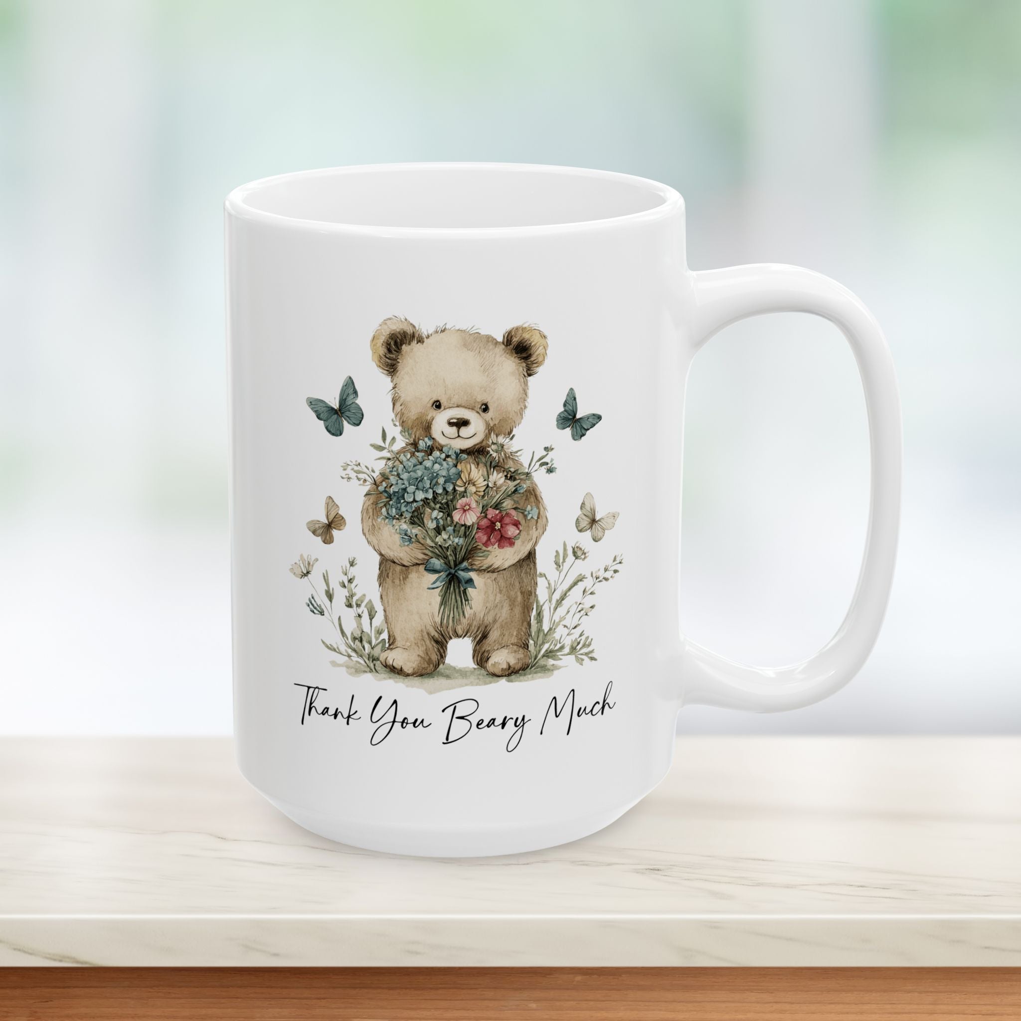 Floral Teddy Bear Thank You Mug — Botanical Ceramic Coffee Cup (11oz, 15oz)
