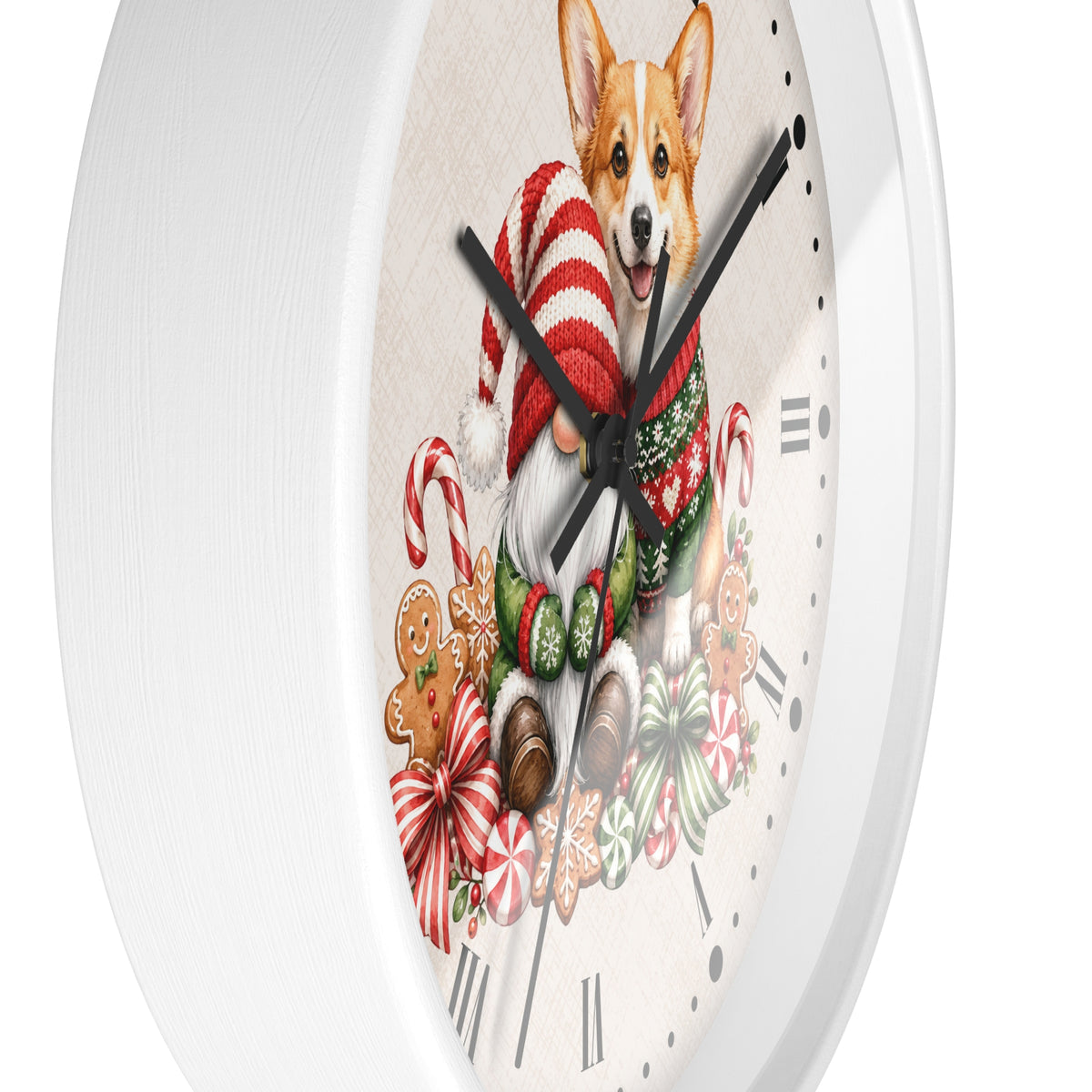 A white round wall clock with a festive Christmas design featuring a corgi dog in a red and white striped Santa hat, surrounded by candy canes, gingerbread cookies, and bows on a light beige dial.