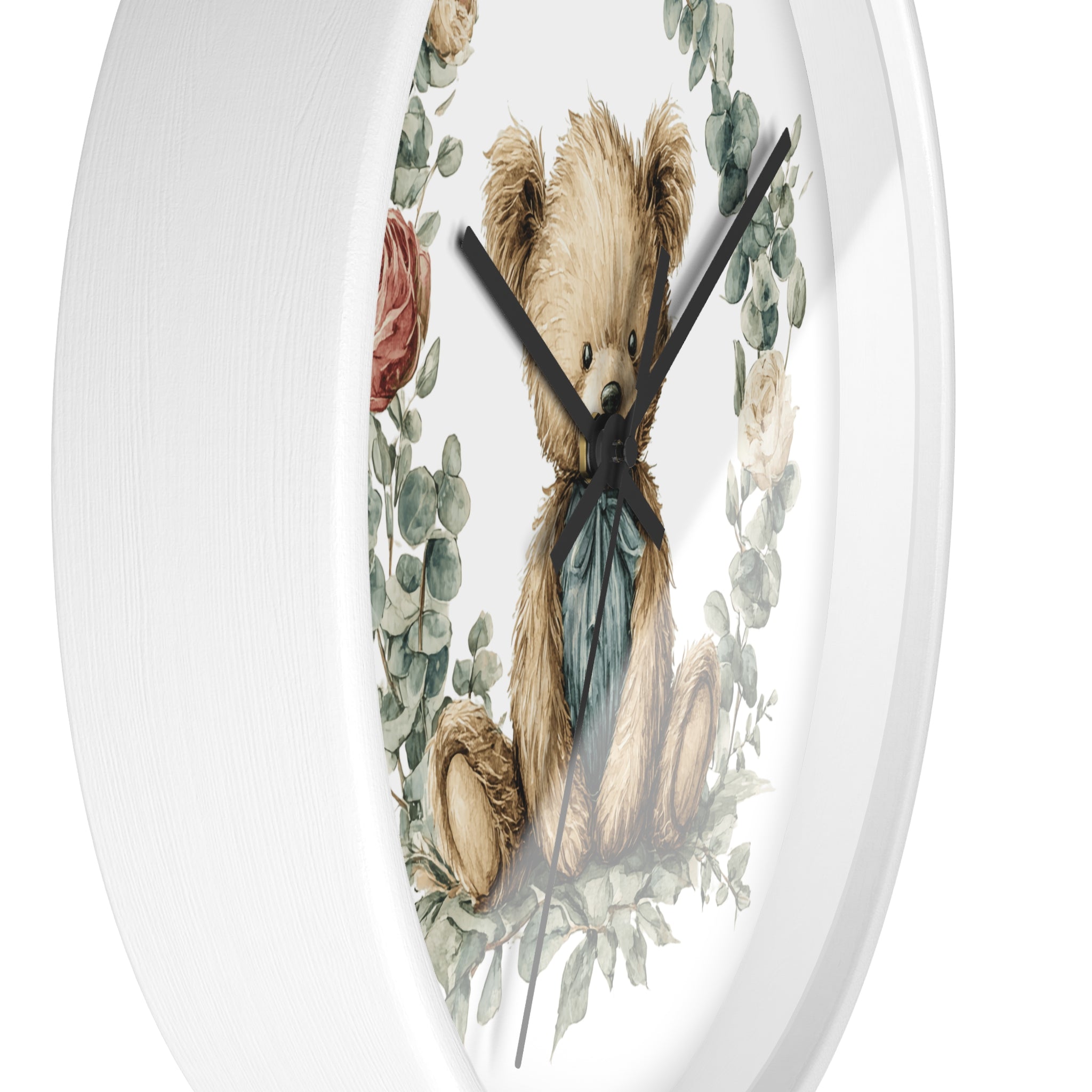 Teddy Bear Floral Wall Clock - Multiple Colors — Nursery Decor Clock with Soft Vintage Illustration