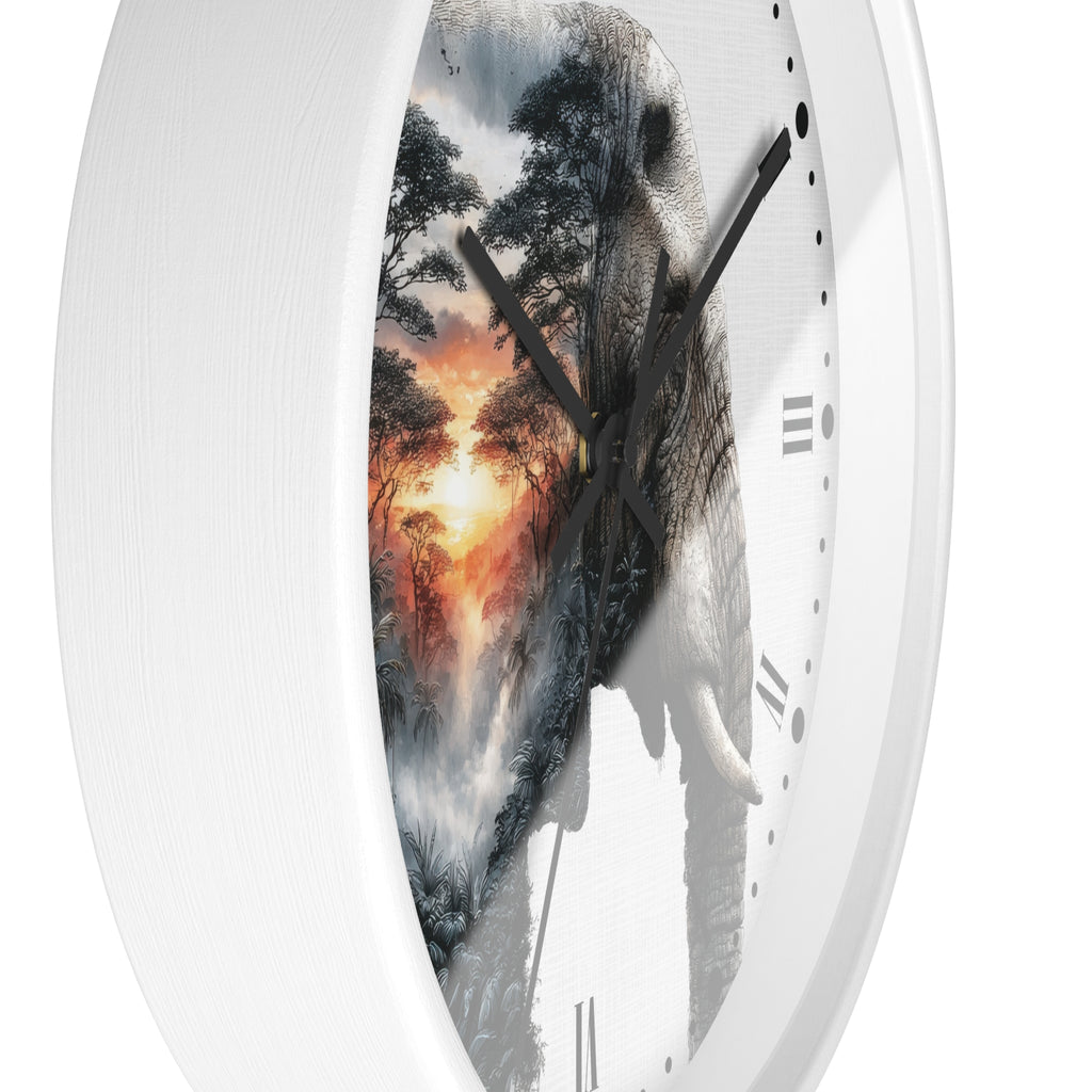 A close-up of a white round wall clock with black hands and Roman numerals, featuring a double exposure design where the inner face shows a forest landscape blending into a forest silhouette.