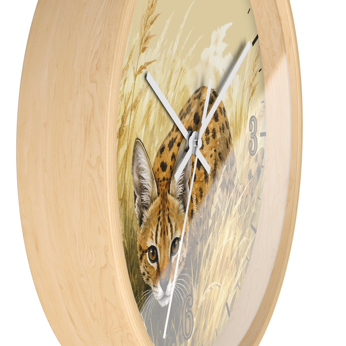 Round wall clock with a light natural wood frame and a printed center illustration of a spotted big cat in tall grass, shown against a plain white background.