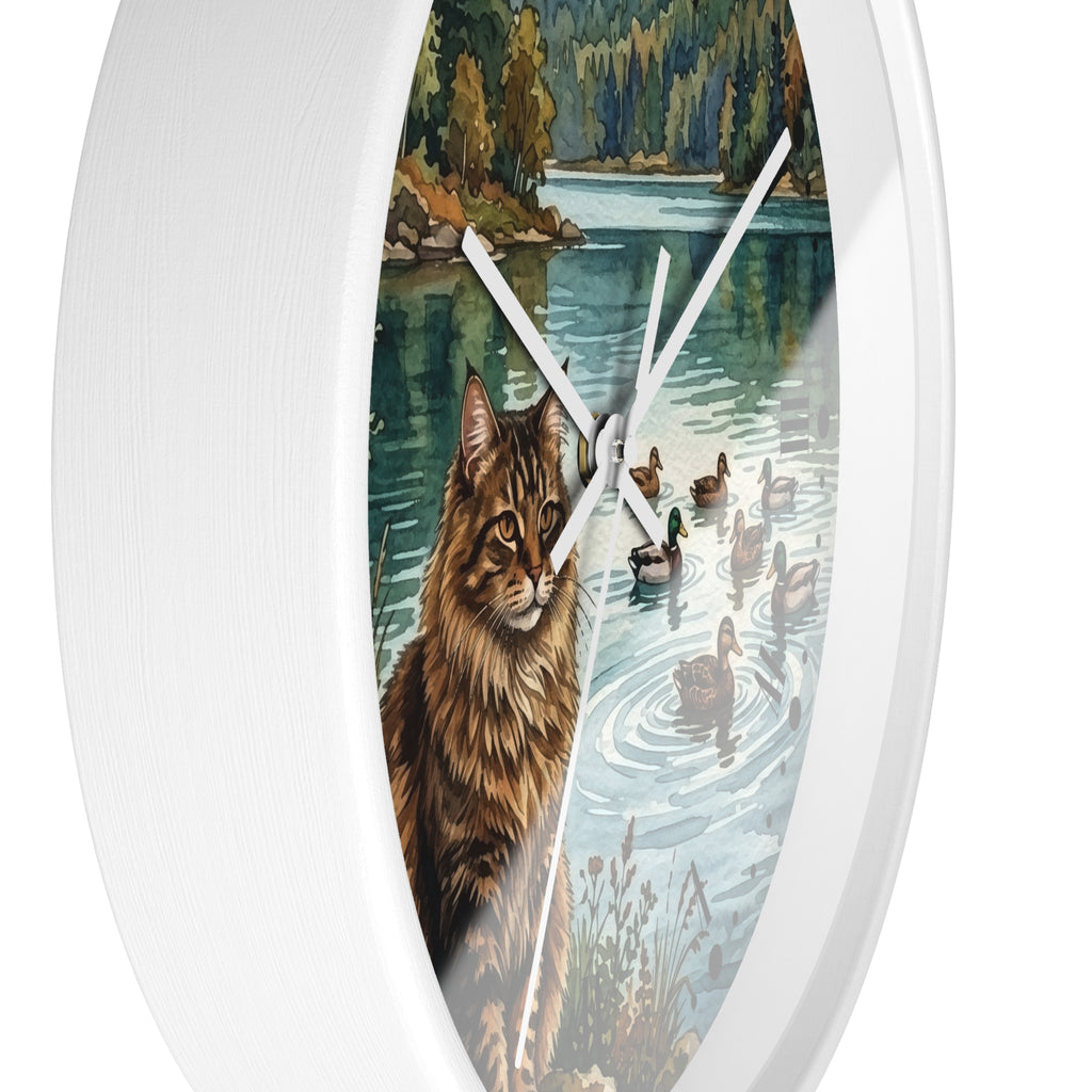 Main Coon Tabby Cat and Ducks by a Peaceful Lakeside Wood Wall Clock
