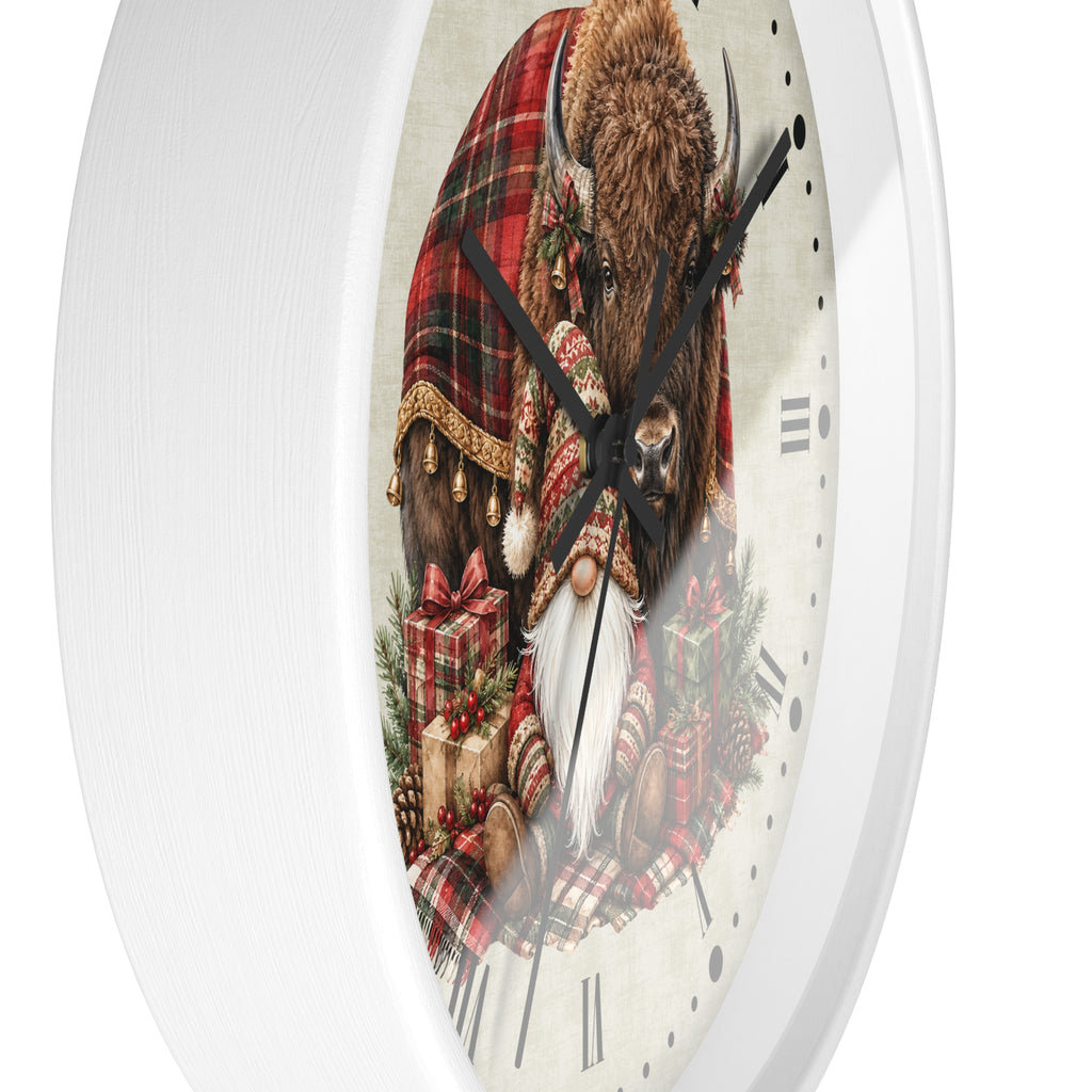 Christmas Buffalo & Gnome Wall Clock – Rustic Holiday Decor