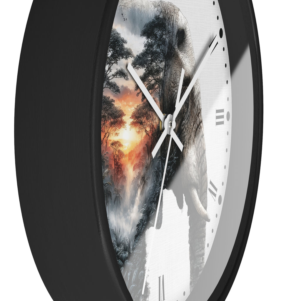 A close-up of a round wall clock with a black frame and a white face, featuring a split design: one side shows a black-and-white panda, and the other side shows a warm orange sunset landscape. The clock hands are white, and the numbers are minimalist Roman numerals.