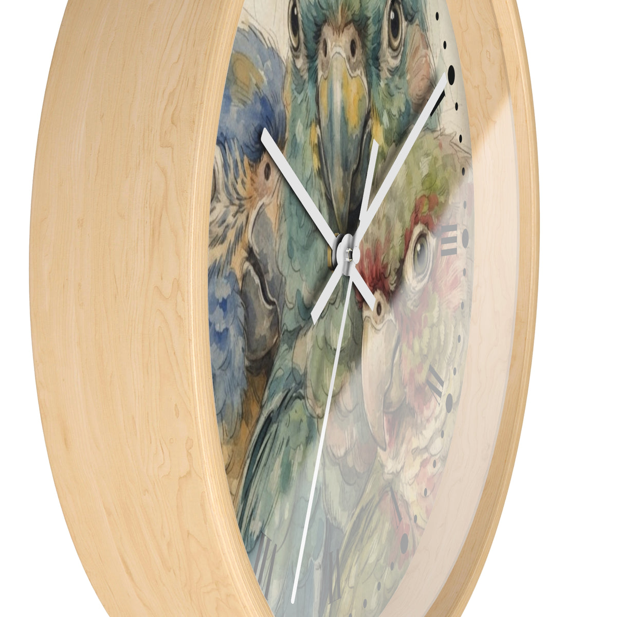 A round wall clock with a light natural wood frame and a printed bird illustration on the face. The artwork shows several colorful birds in soft blue, green, yellow, and red tones, with white clock hands and black hour markers.