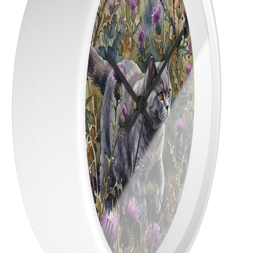 Gray Cat in Lavender Wildflowers Wood Wall Clock