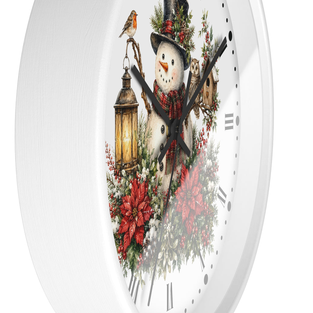 Christmas Snowman & Woodland Friends Wall Clock — Festive Poinsettia Flower Holiday Decor