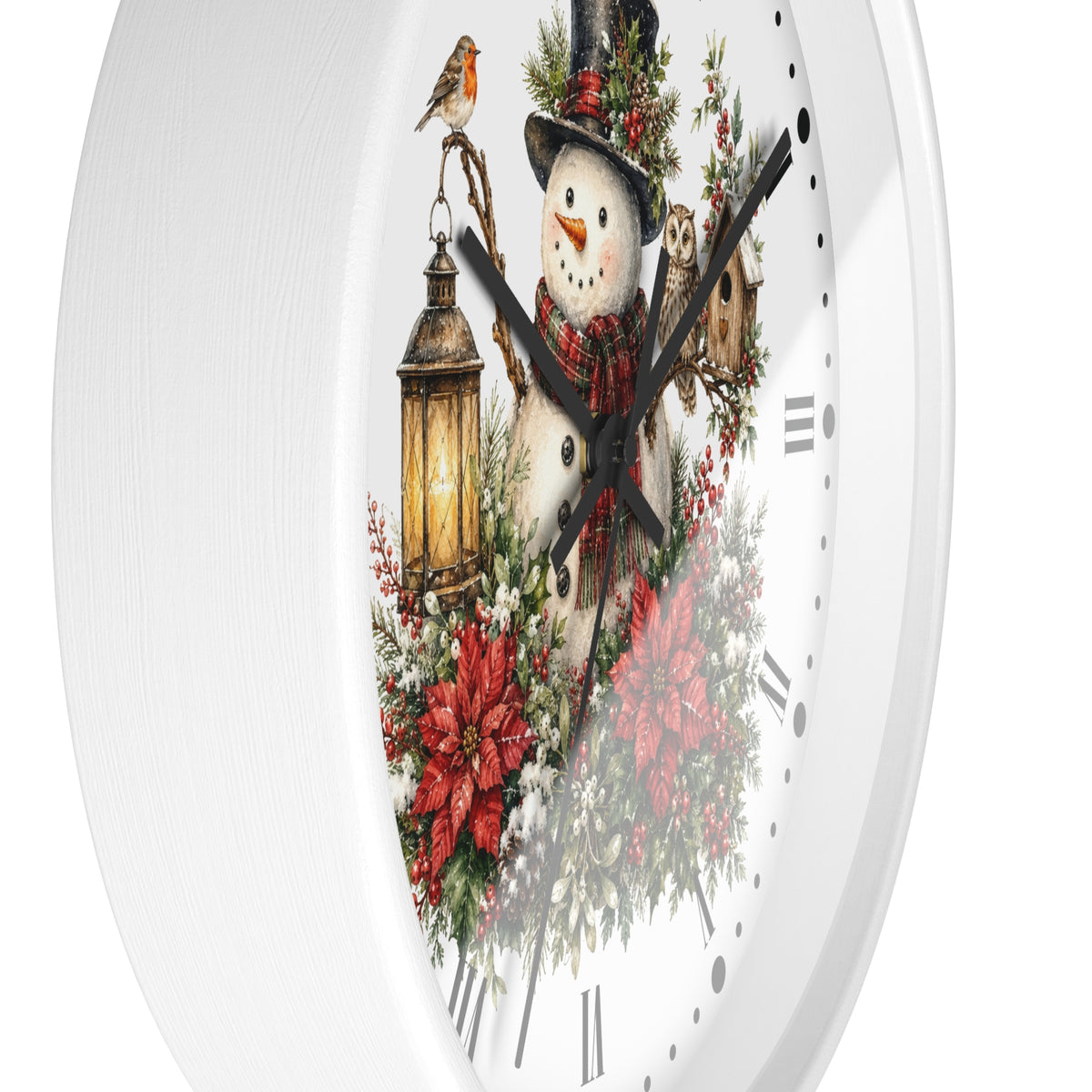 Christmas Snowman & Woodland Friends Wall Clock — Festive Poinsettia Flower Holiday Decor