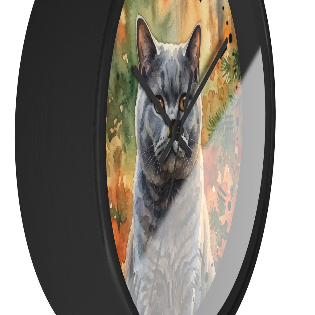 Watercolor Gray Russian Blue Cat in Autumn Pines Wood Wall Clock