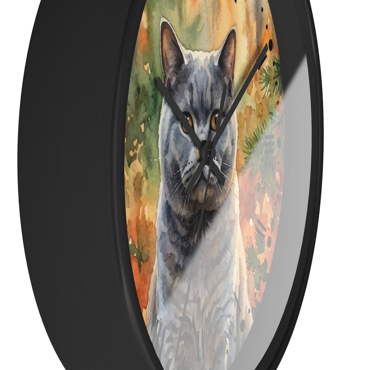 Watercolor Gray Russian Blue Cat in Autumn Pines Wood Wall Clock