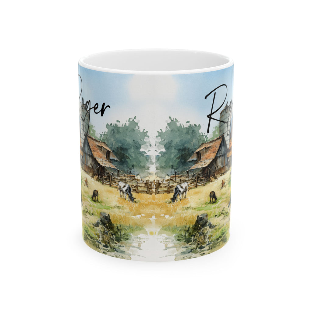 11 oz. Mug with a rural scene design featuring animals and a barn.