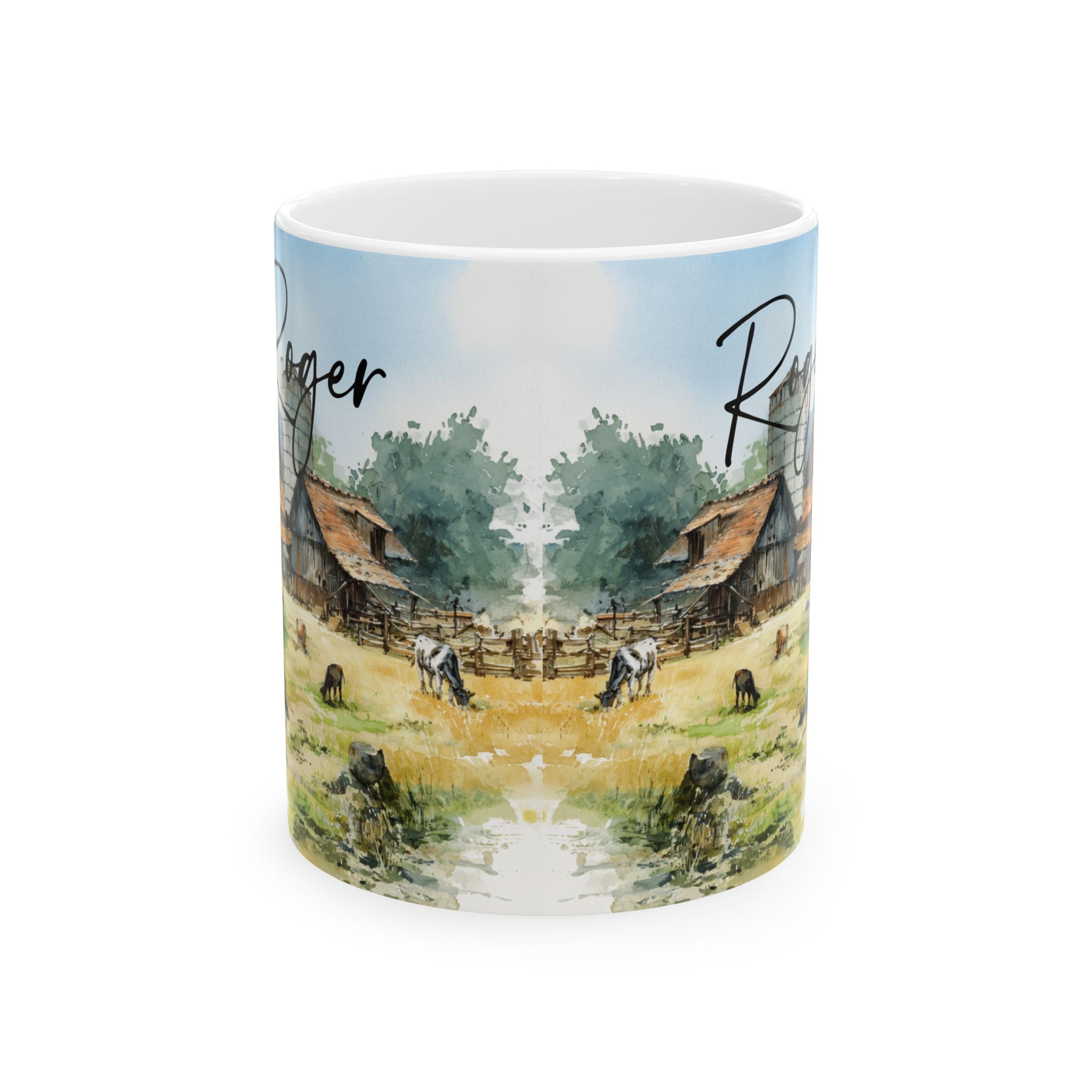 11 oz. Mug with a rural scene design featuring animals and a barn.