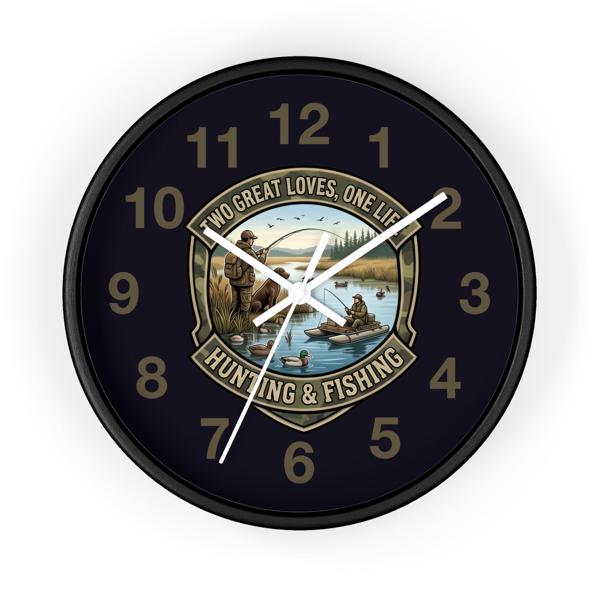 Hunting & Fishing Wall Clock — “Two Great Loves, One Life” Rustic Outdoors Decor