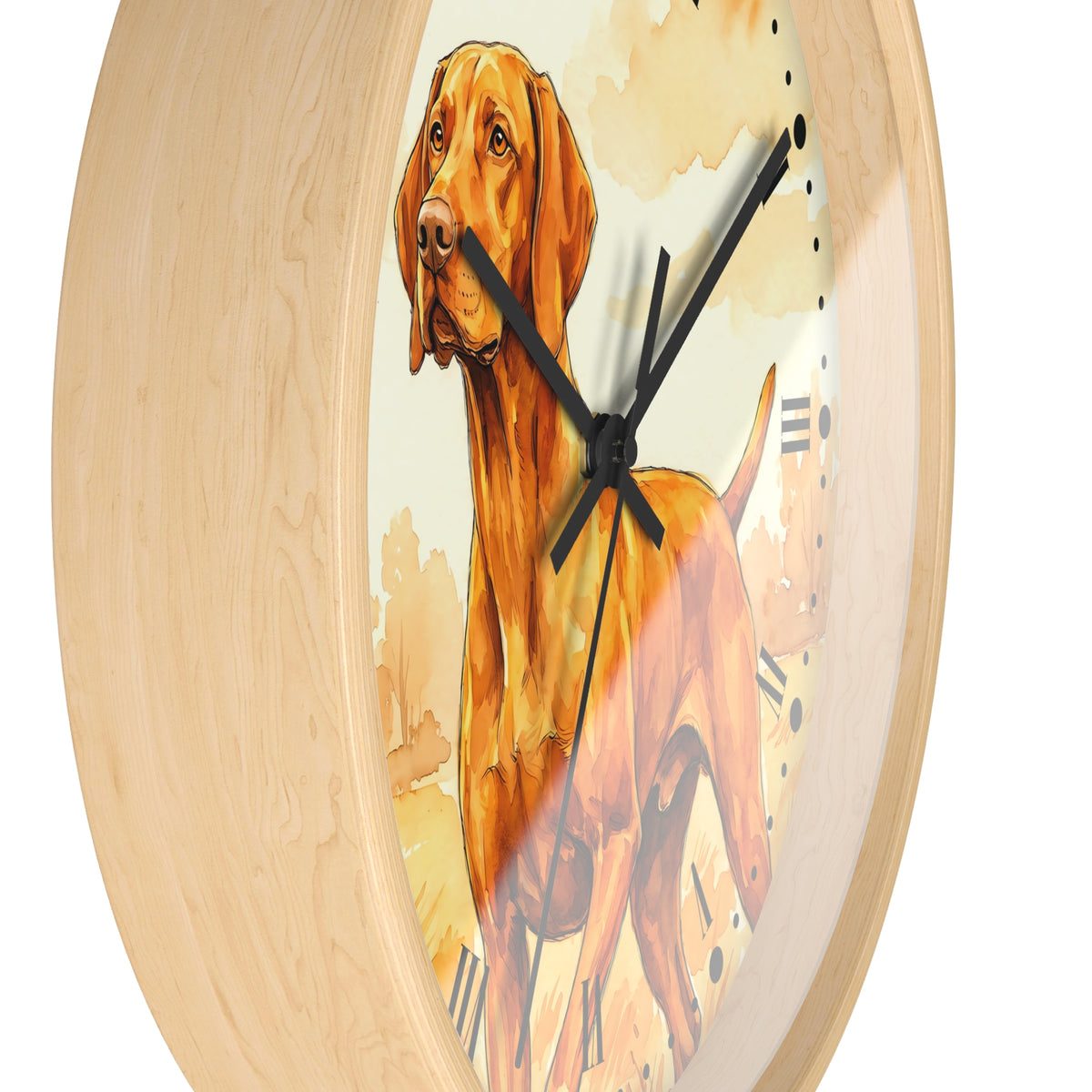 Round wall clock with a light natural wood frame and a printed illustration of a golden-brown dog on the face, with black clock hands and minimal Roman numerals.