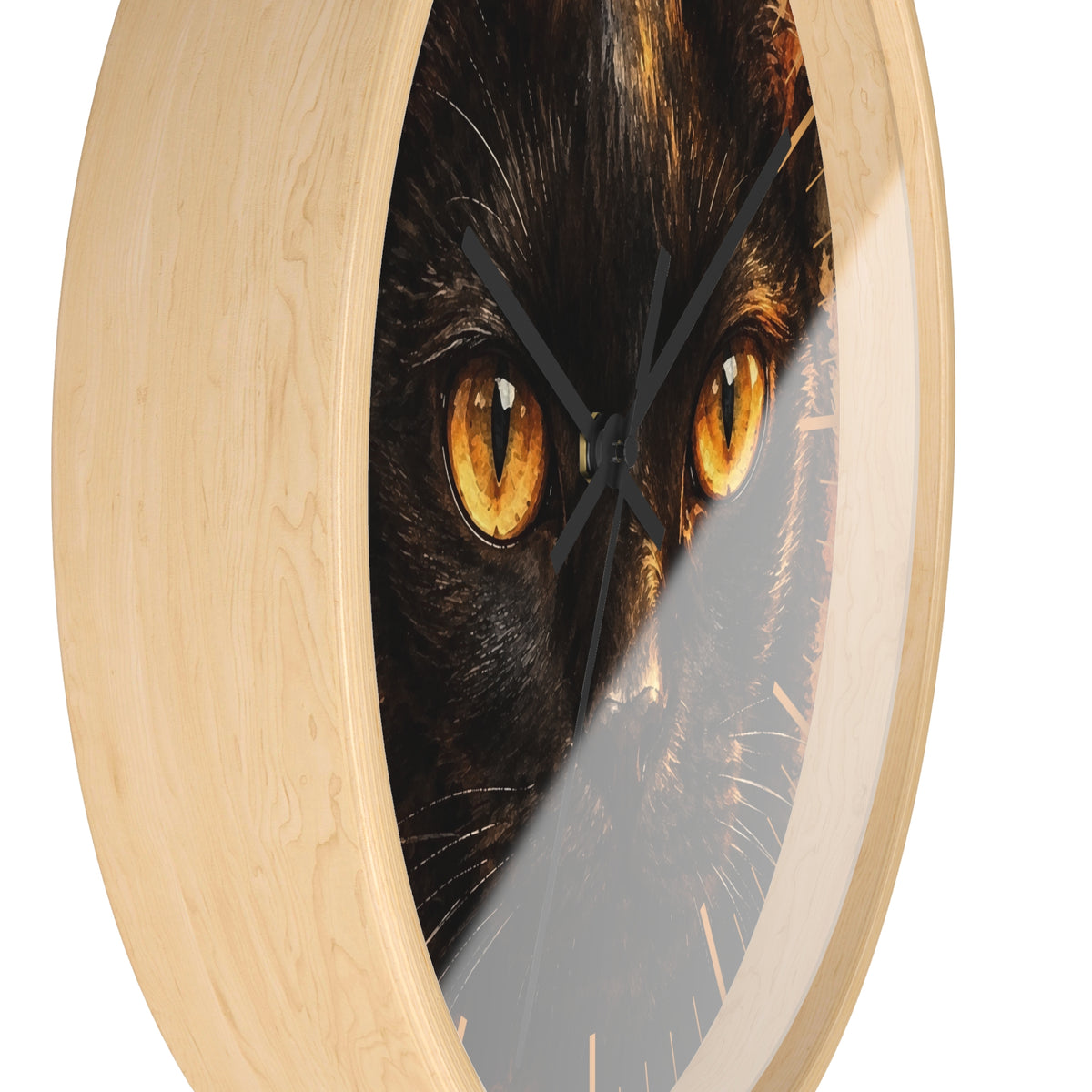 Watercolor Black Cat Wood Wall Clock - Cheetah Print Background