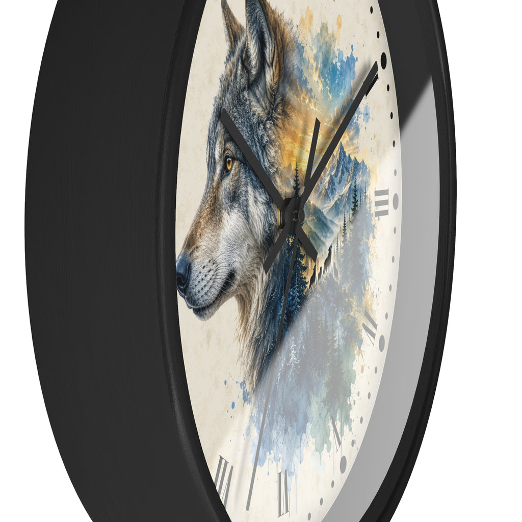 A round wall clock with a black frame and a printed wolf illustration over a watercolor mountain scene on the clock face.
