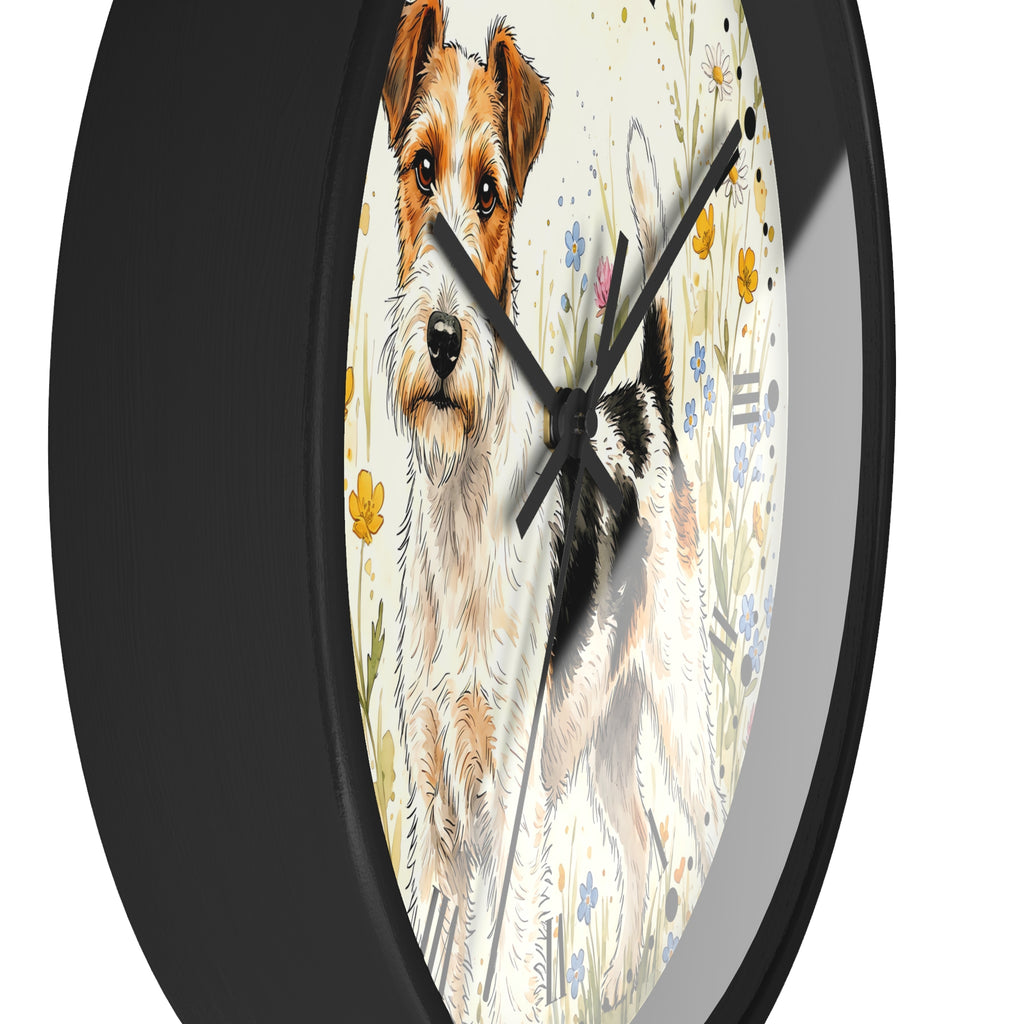 A round wall clock with a black frame and a printed illustration of a terrier dog on the face, surrounded by delicate floral details on a white background.