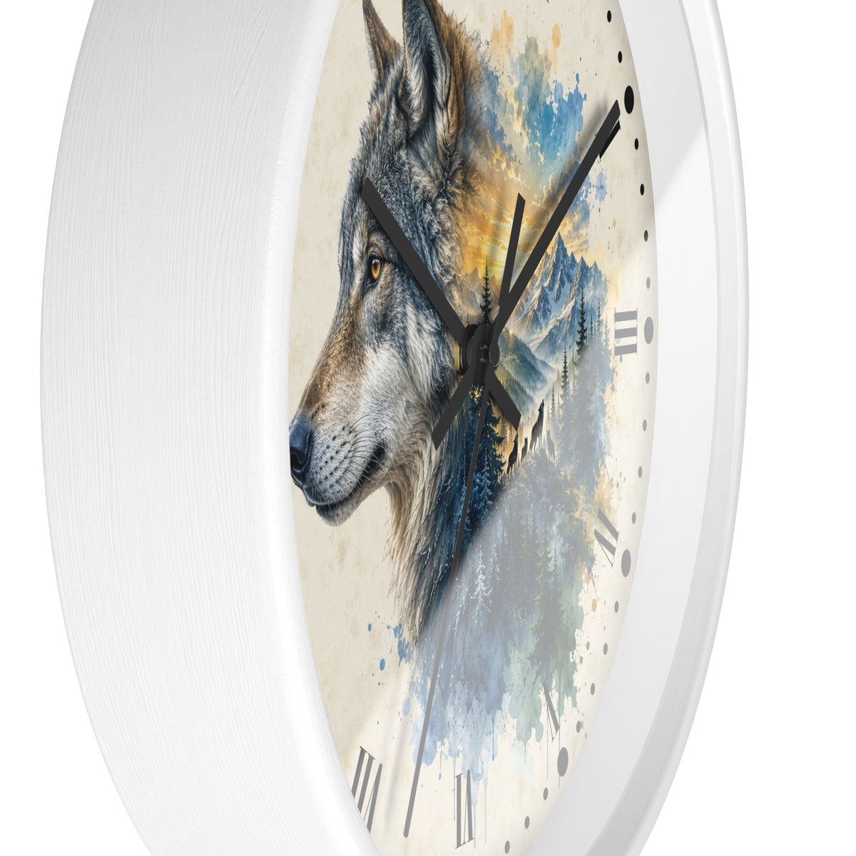 A round wall clock with a white frame and a printed wolf illustration over a watercolor-style background. The clock face includes black Roman numerals and black hands, shown against a plain white background.