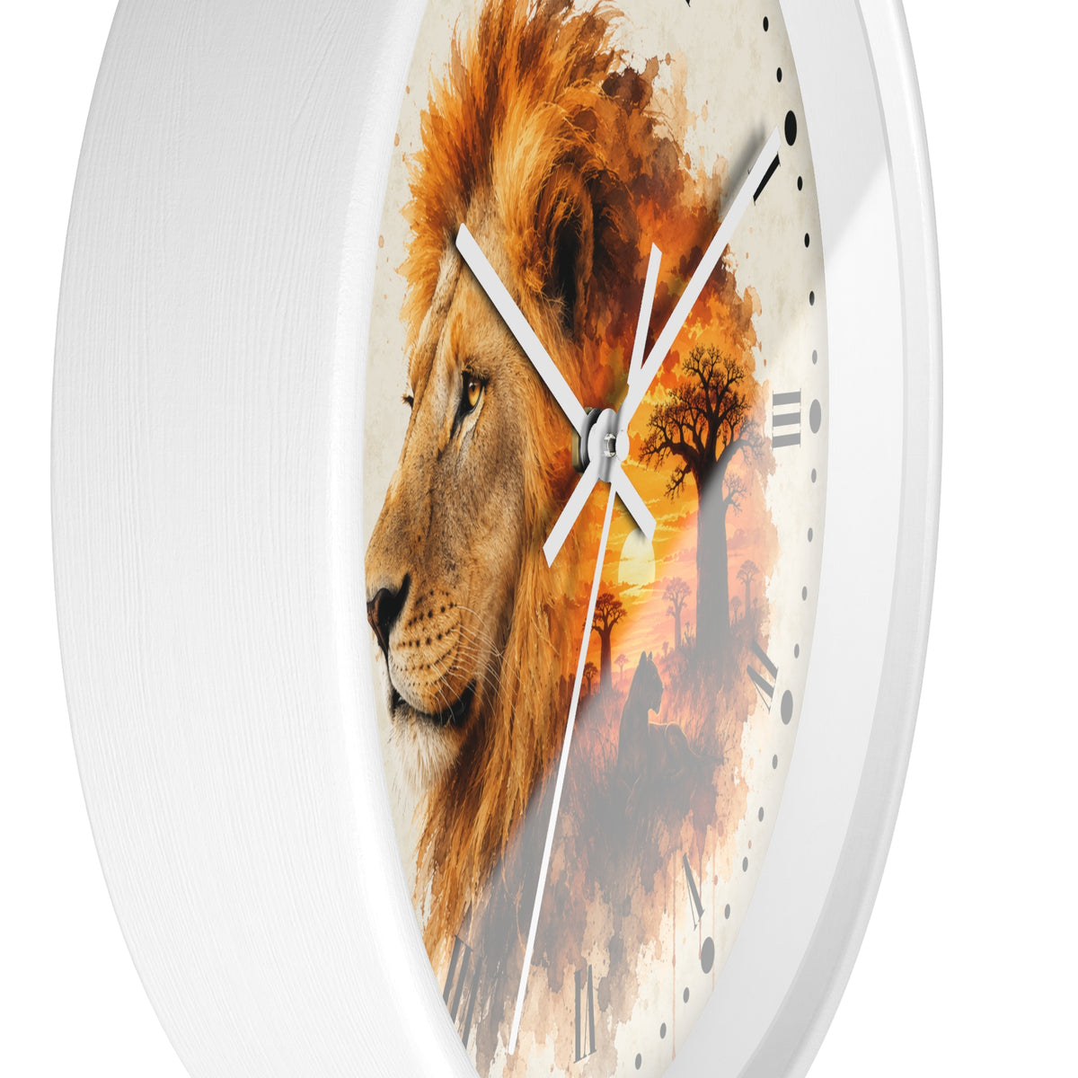 A white round wall clock with a printed lion and sunset scene on the face, shown against a plain white background.