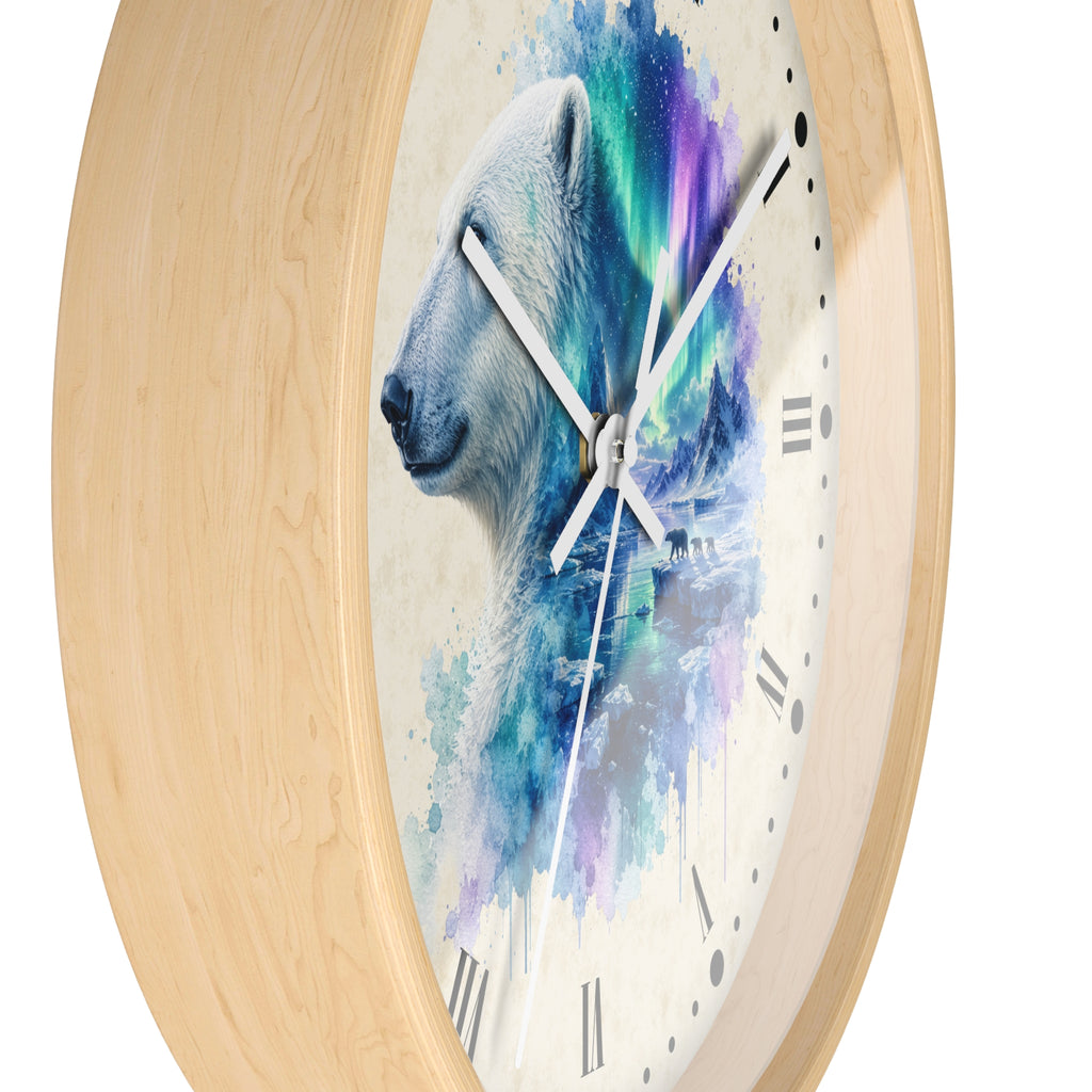 Polar Bear Aurora Layered Portrait Wall Clock — Northern Lights Wildlife Art Decor