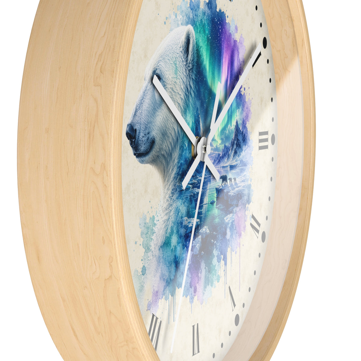 Polar Bear Aurora Layered Portrait Wall Clock — Northern Lights Wildlife Art Decor