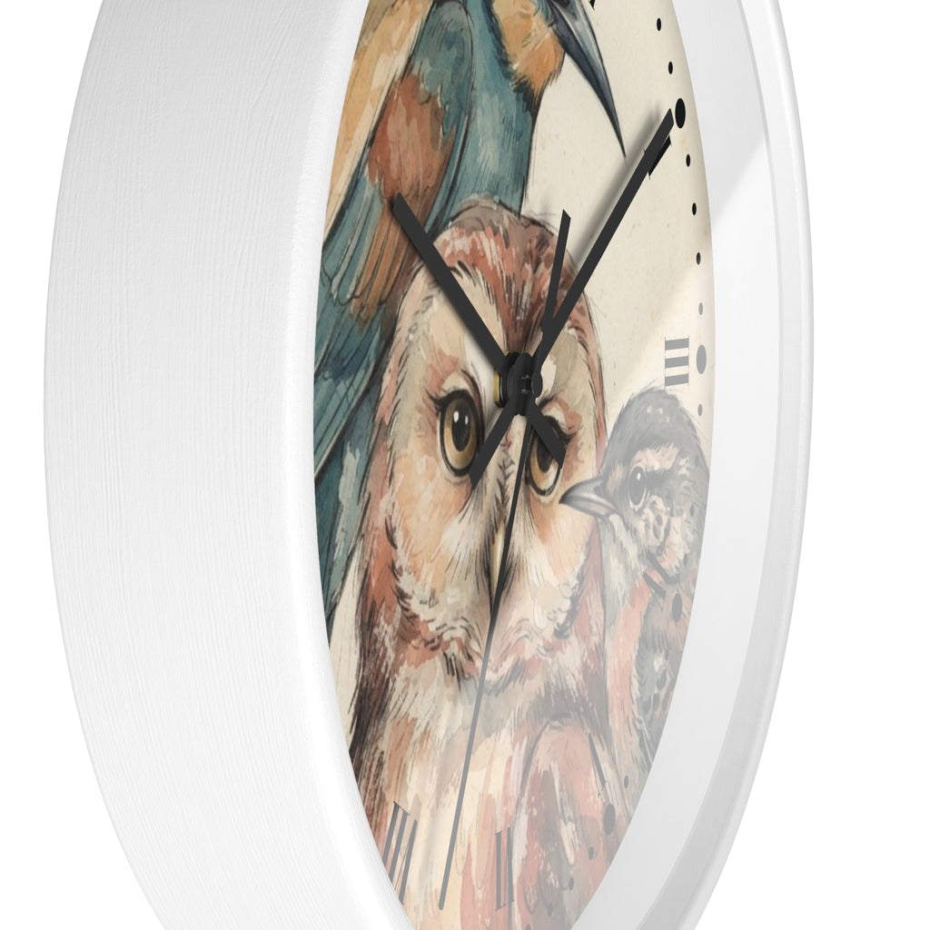 Round wall clock with a white frame and a printed bird illustration featuring an owl in the center, shown against a plain white background.