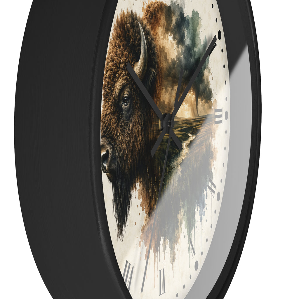 A close-up of a round wall clock with a black frame and a printed face featuring a bison illustration over a landscape scene, with black clock hands and Roman numerals.