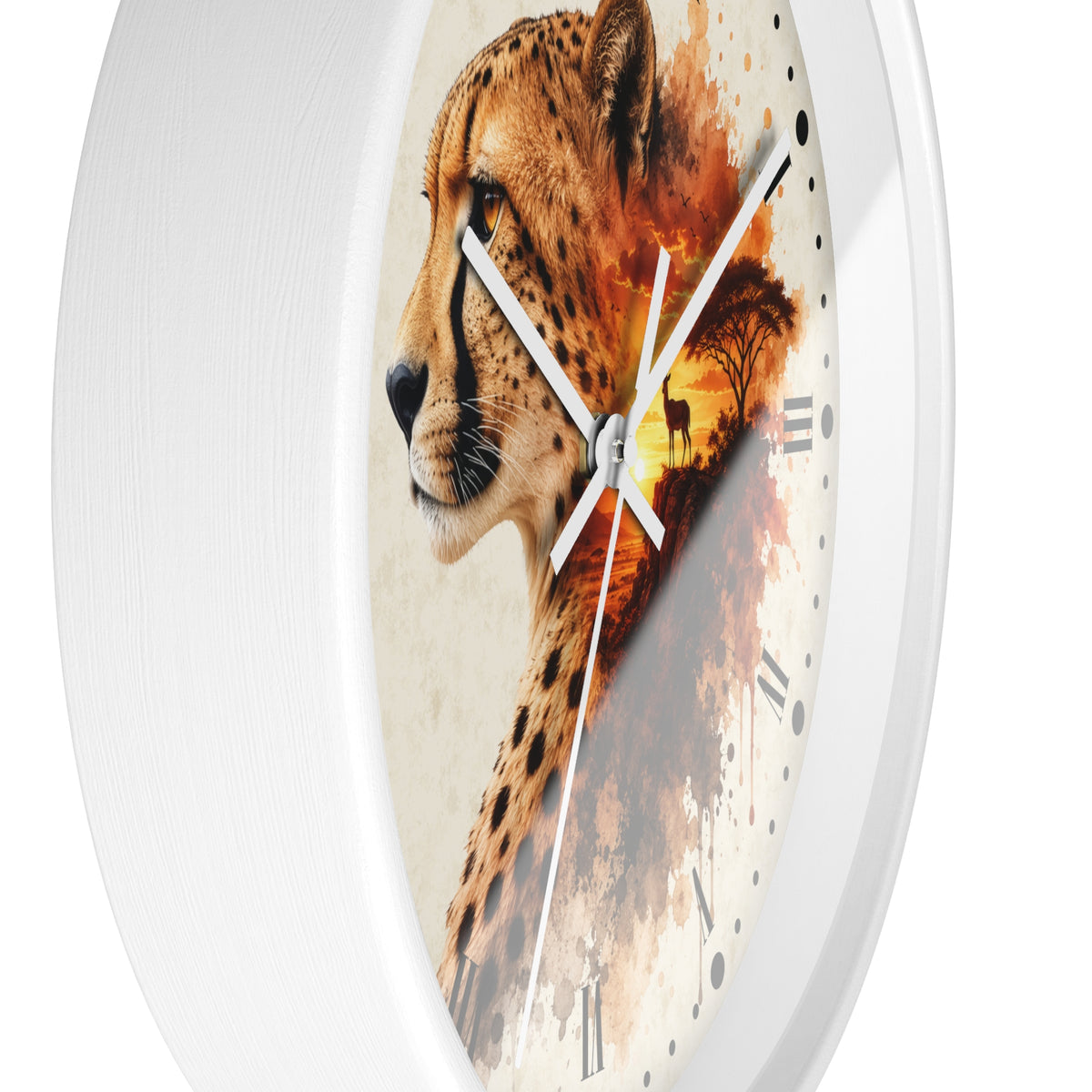 A round wall clock with a white frame and a printed face featuring a cheetah profile blended with an orange sunset scene. The clock has white hands and black Roman numerals, shown against a plain white background.
