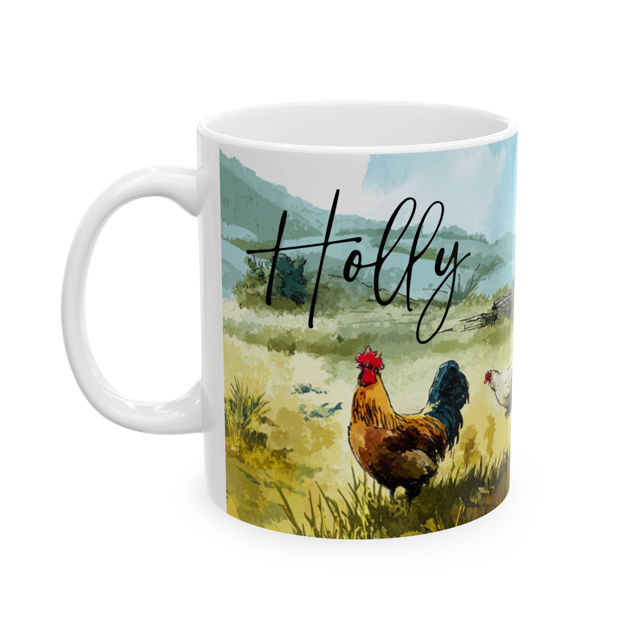 Mug with a farm scene and the name 'Holly' on a white background