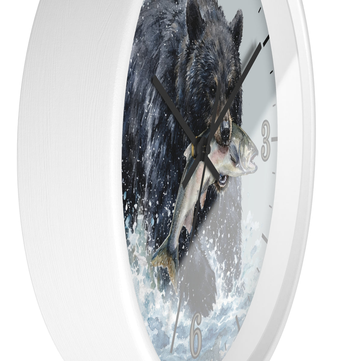 A white round wall clock with a printed design of a black bear catching a fish in the center, shown against a plain white background.