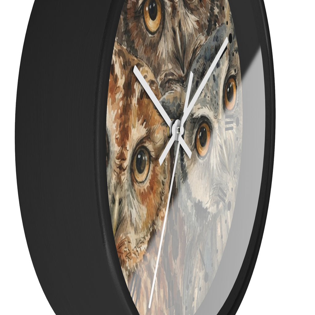 Owl Trio Wall Clock — Watercolor Woodland Bird Decor