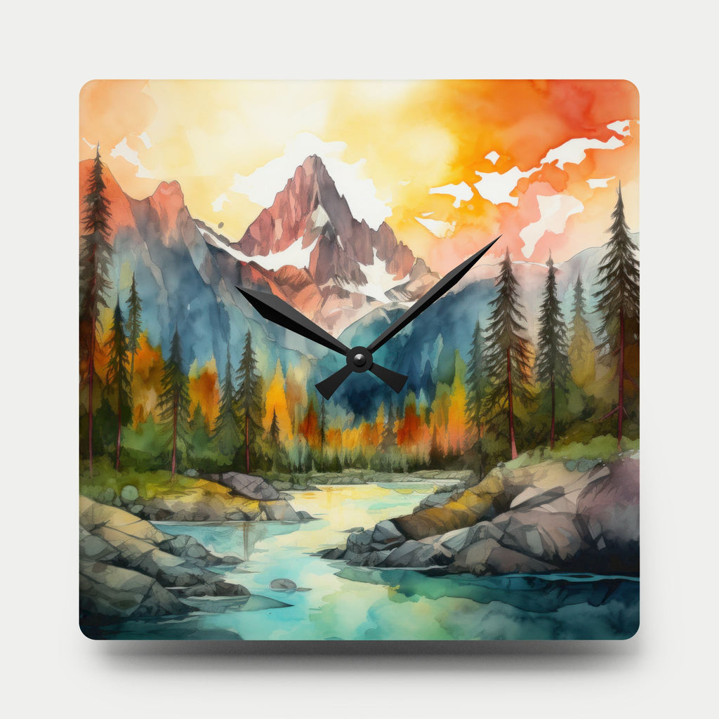 Mountain River Acrylic Wall Clock — Watercolor Landscape Home Decor