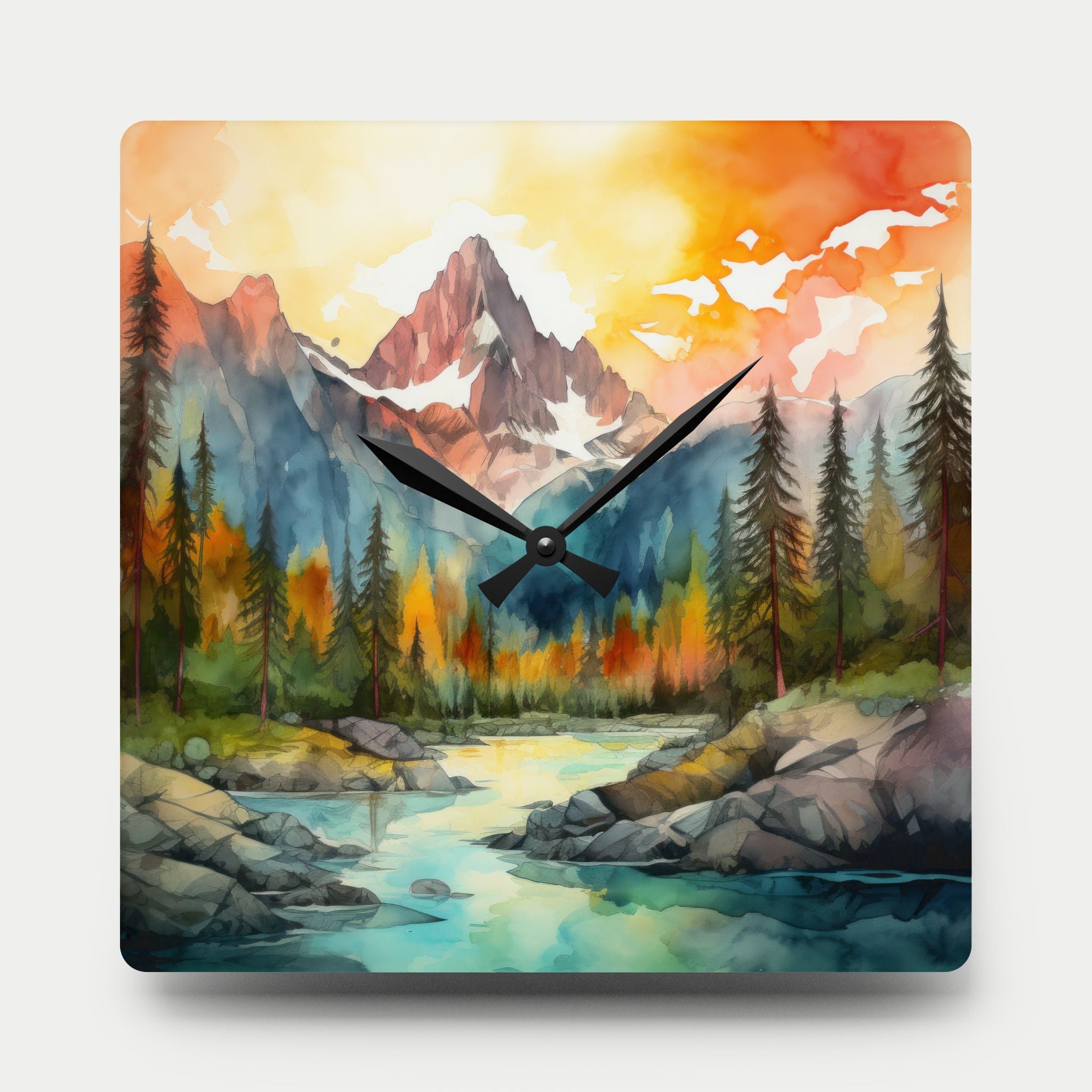 Mountain River Acrylic Wall Clock — Watercolor Landscape Home Decor