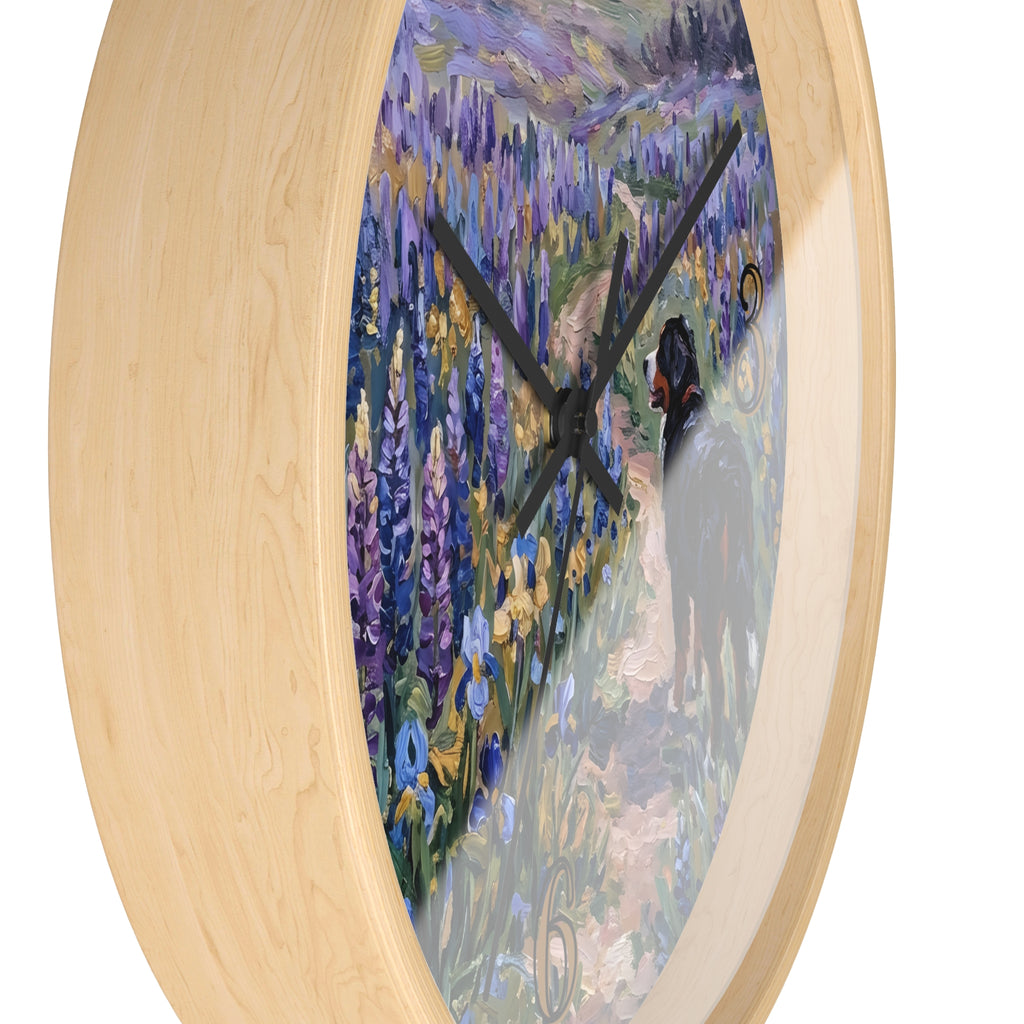 Bernese Mountain Dog On A Lupine Path Wall Clock