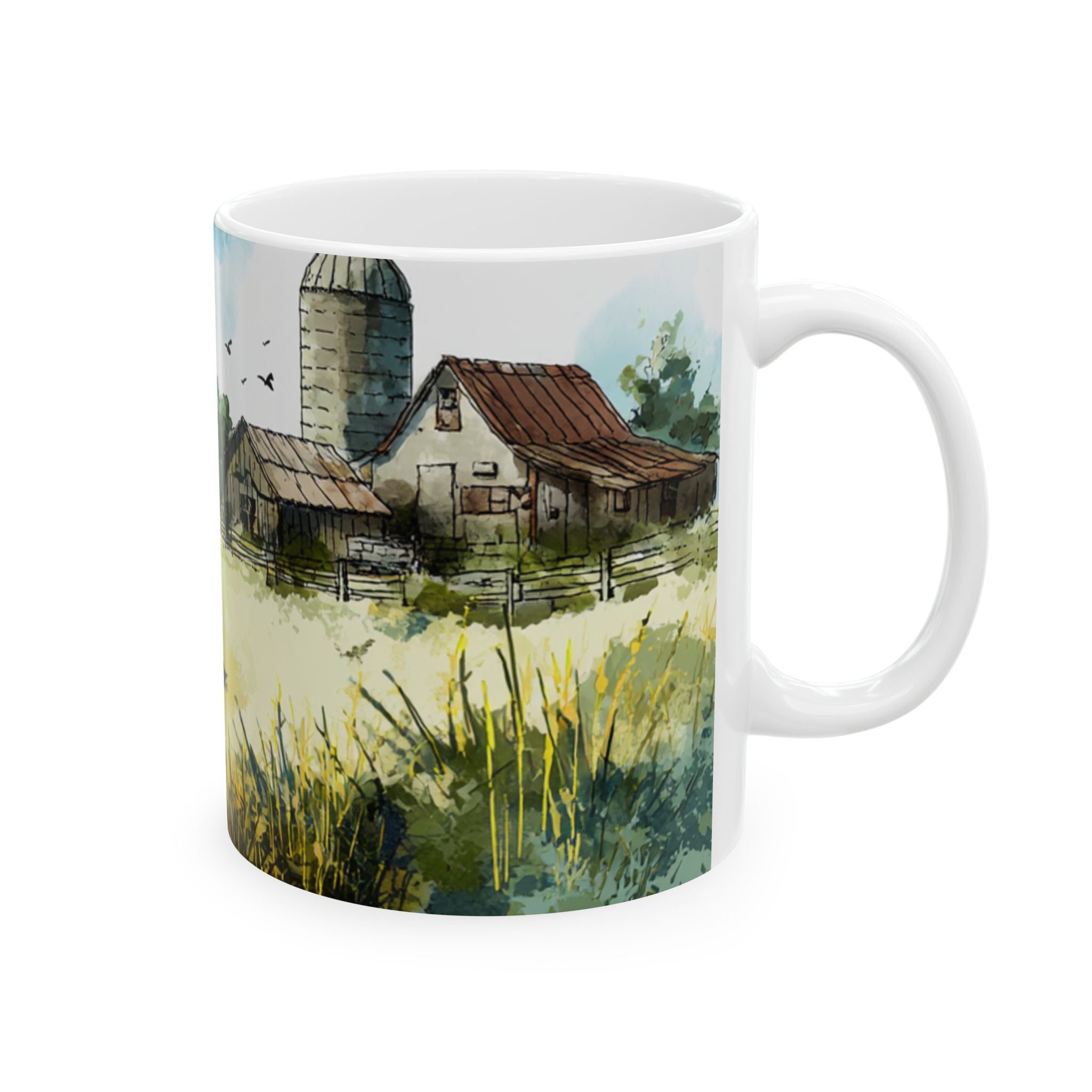 Mug with a farm scene design featuring a house and silo.