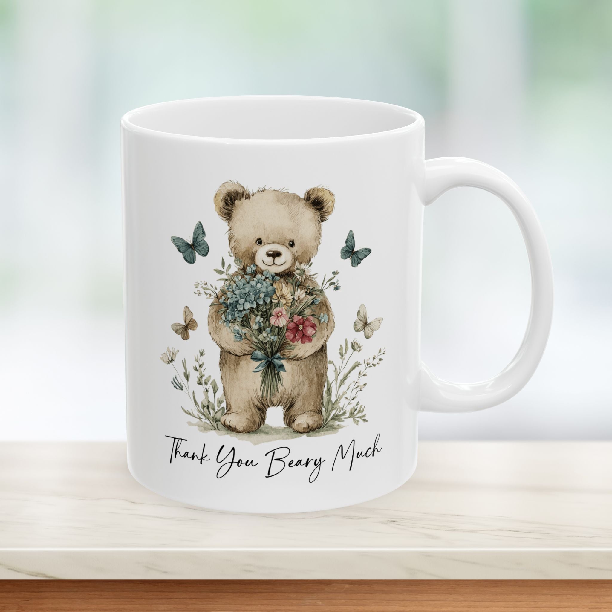 Floral Teddy Bear Thank You Mug — Botanical Ceramic Coffee Cup (11oz, 15oz)