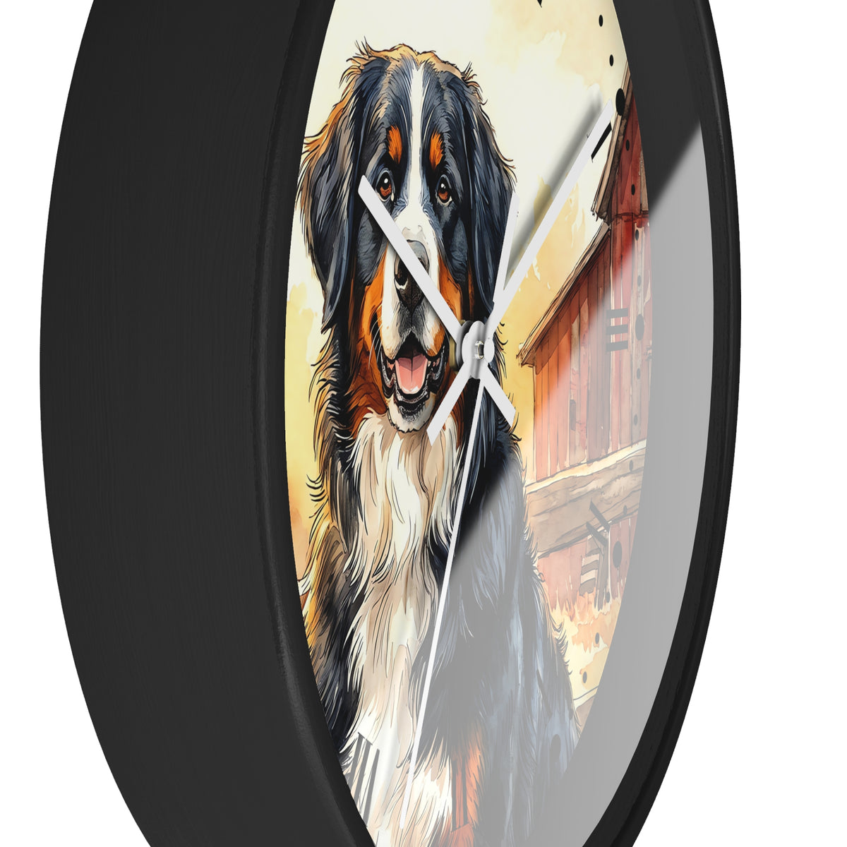 Round wall clock with a black frame and a printed illustration of a Bernese mountain dog in front of a red barn, shown against a white background.