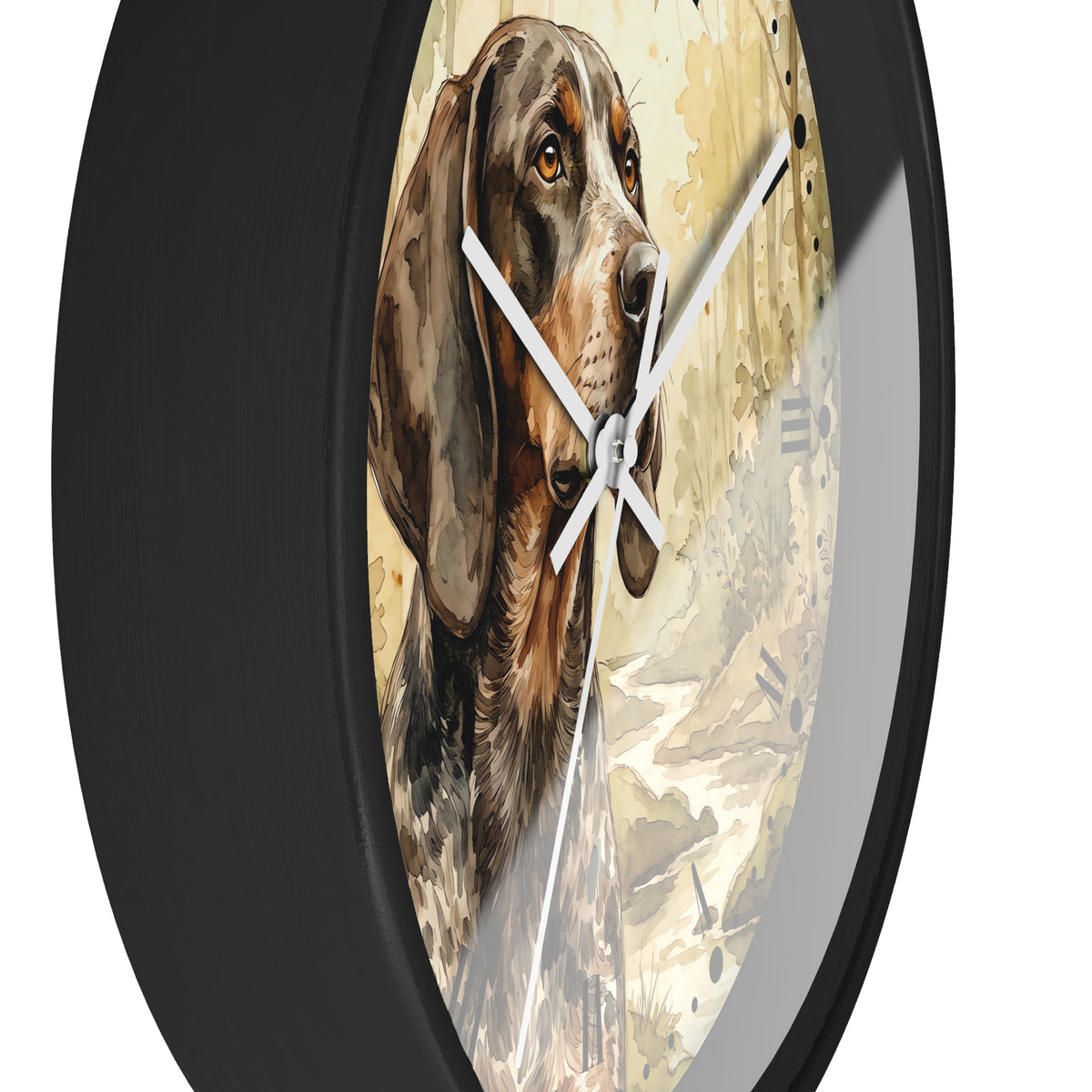 Round wall clock with a black frame and a printed illustration of a brown and black coon hound on the face, with white hands against a cream-toned background.