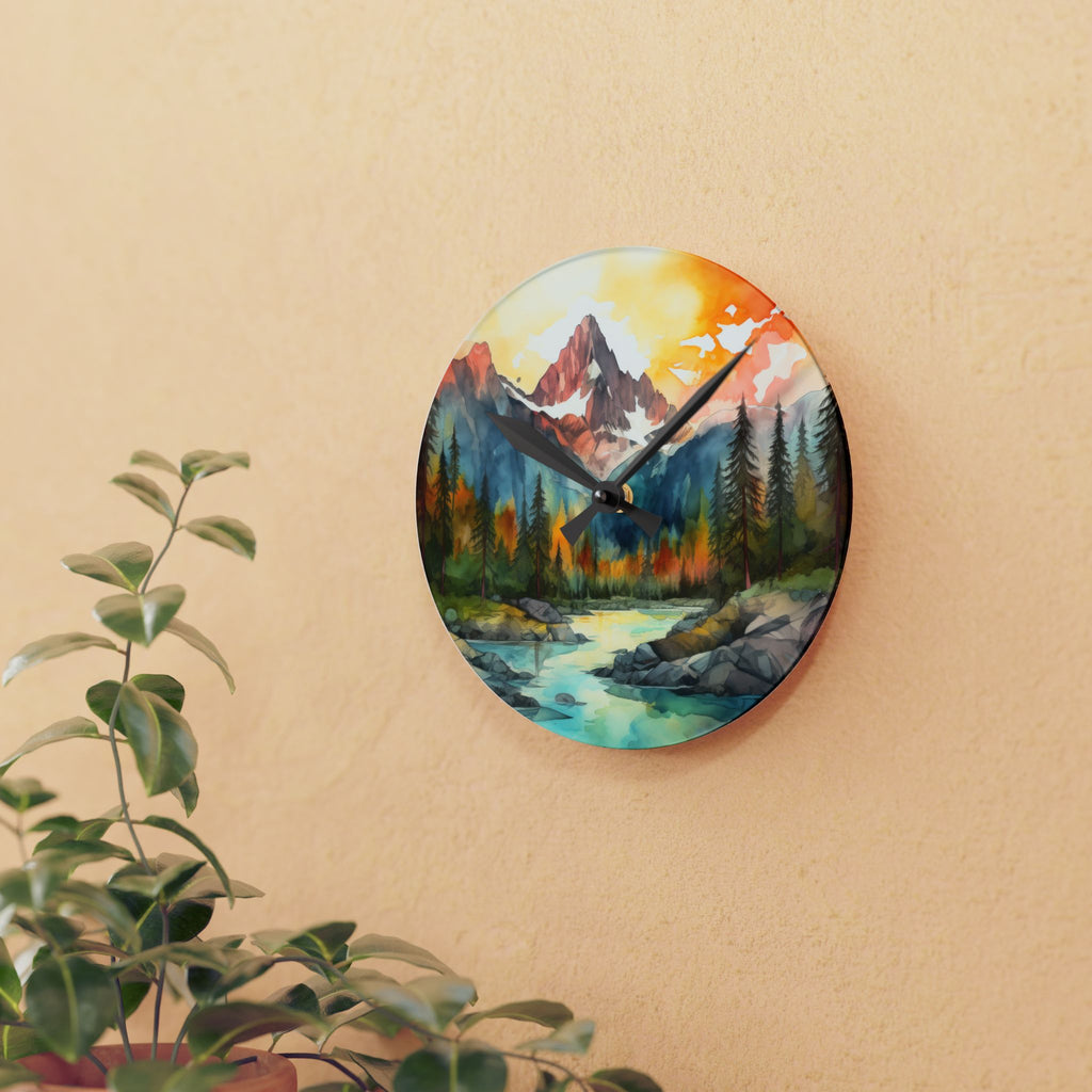 Mountain River Acrylic Wall Clock — Watercolor Landscape Home Decor
