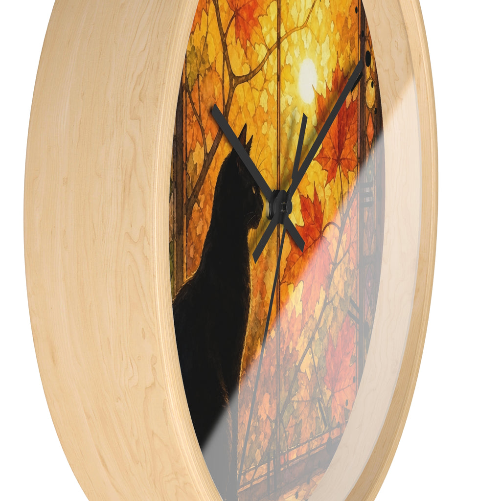Window Cat Wall Clock — Black Cat Stained Glass Decor