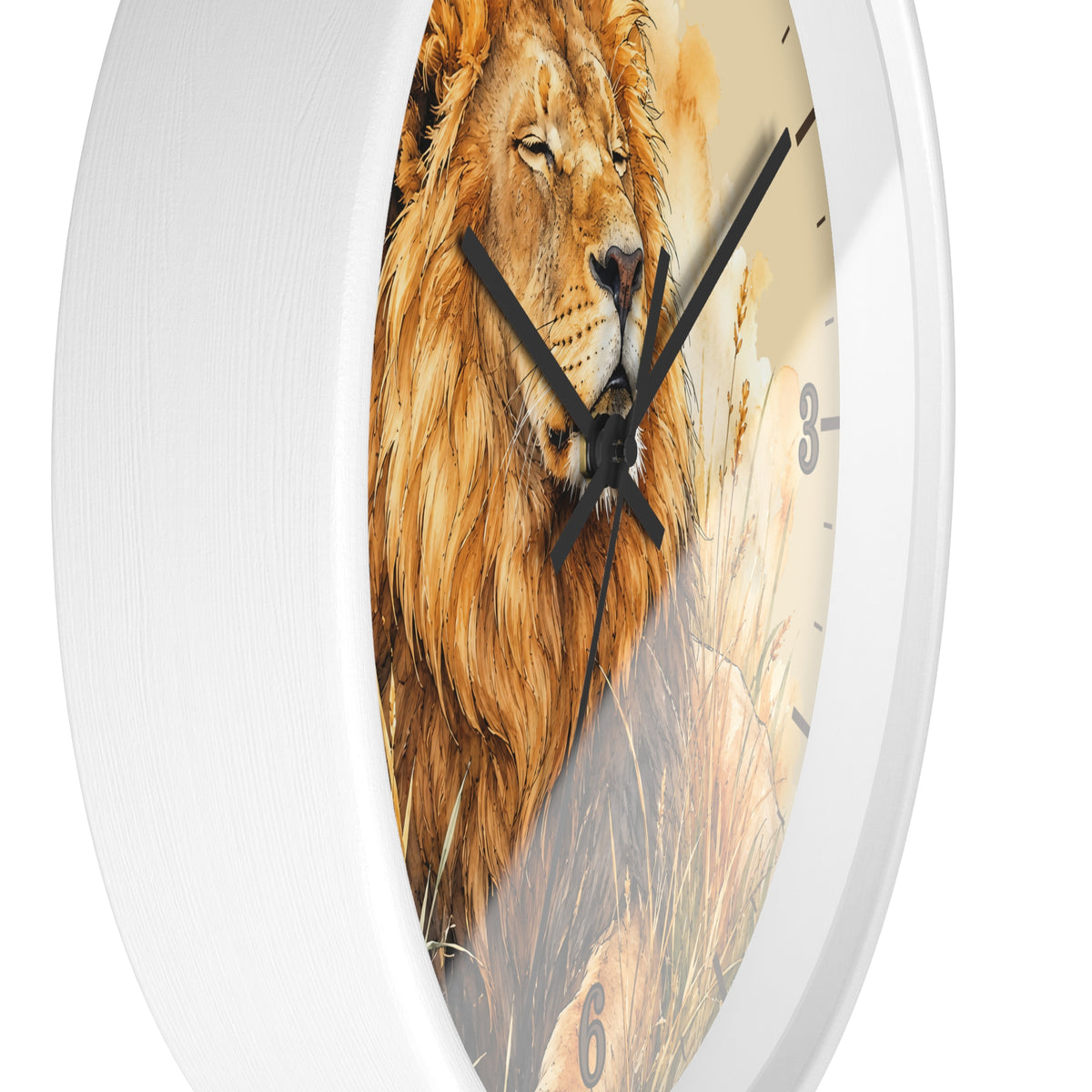 A round wall clock with a white frame and a printed lion face on the dial, with black hands and partial black numerals. The clock is shown at an angle against a plain white background.
